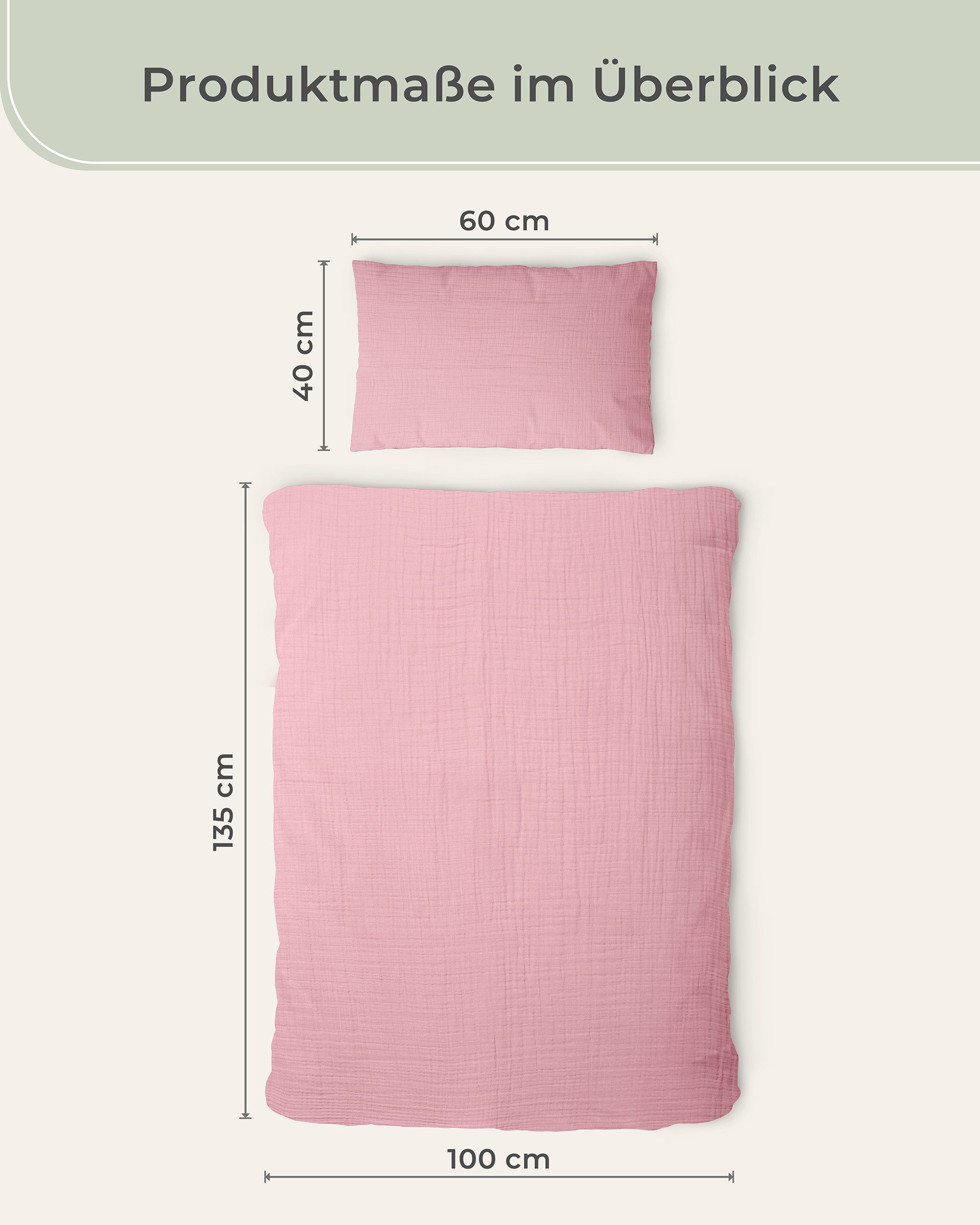Laynenburg Kinderbettwäsche Musselin 2 teilig aus 100% Baumwolle in 100x135 cm + 40x60 cm, atmungsaktiv & bügelfrei – 3 lagig mit Reißverschluss & Haltebändern