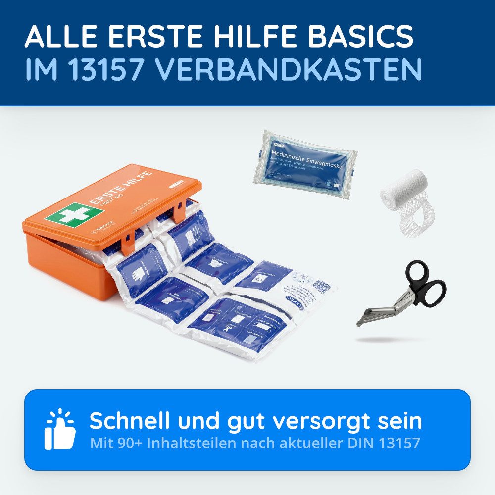 FLEXEO Erste-Hilfe-Koffer DIN 13157, (1 St), Betriebsverbandkasten inkl. Wandhalterung, orange