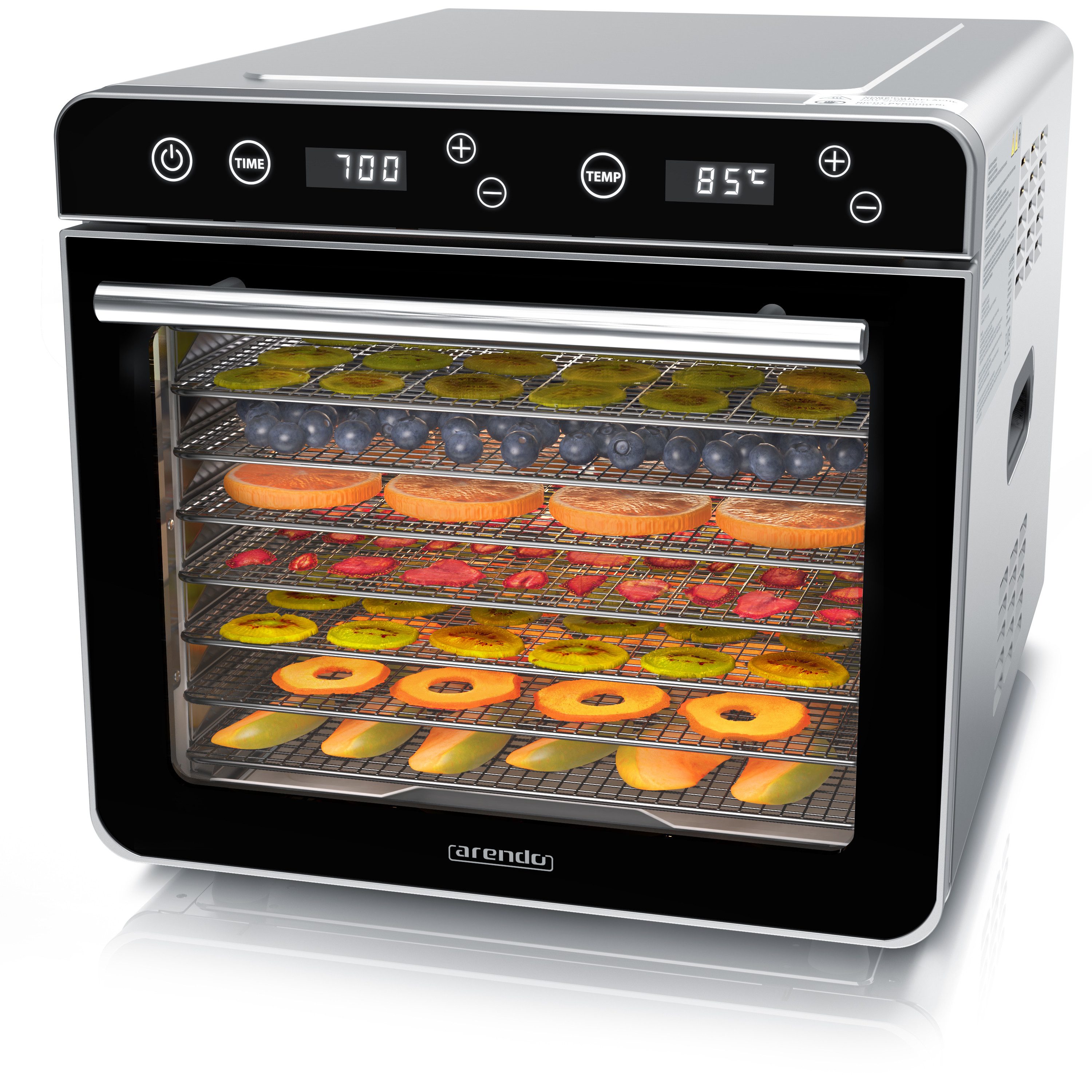 Arendo Dörrautomat Edelstahl, Temperaturregler von 35° bis 85°C, Dörrgerät, Dehydrator 700 W, 8 Etagen, Obst, Fisch, Fleisch Dörrapparat, Obsttrockner, Timer 0,5-24 Stunden