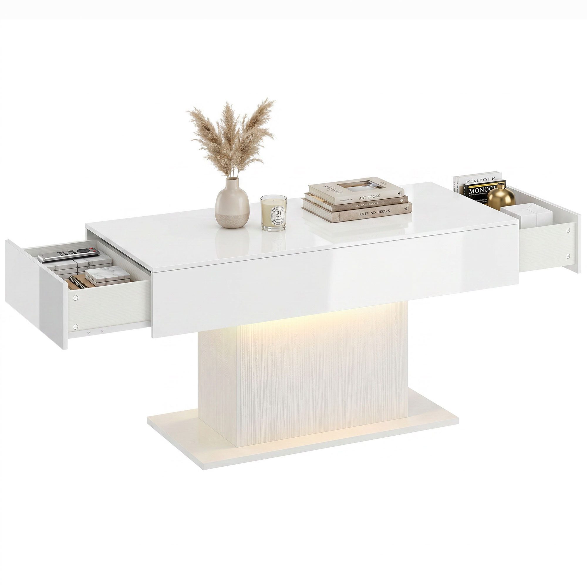 HOMCOM Couchtisch Wohnzimmertisch mit LED Beleuchtung, 2 Schubladen, Fernbedienung (Kaffeetisch, 1-St., 1 Tisch), für Wohnzimmer, 108 x 48 x 55 cm Weiß