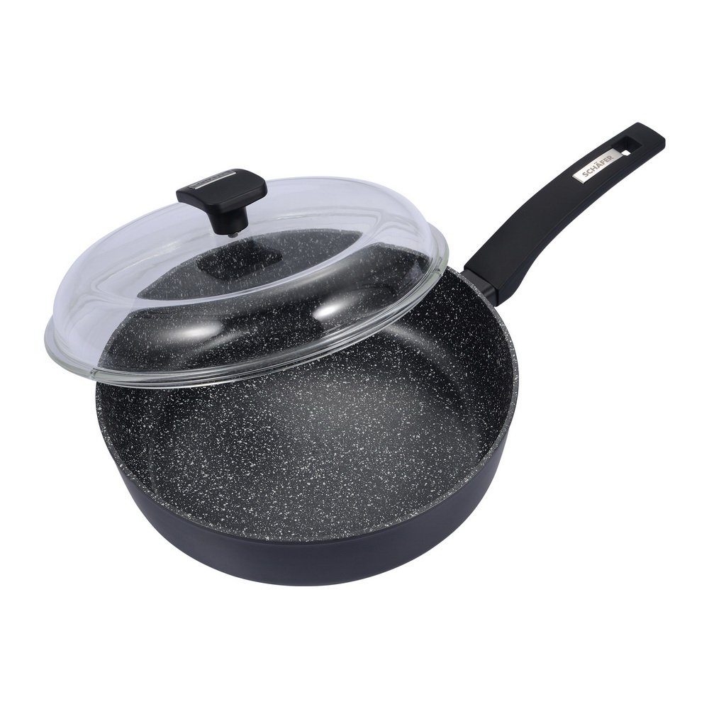 Schäfer Elektronik Schmorpfanne Pfanne, Bräter, Bratpfanne mit Glasdeckel, 28 cm Marble Black, Aluminiumguss (hoher Rand: bis zu 8 cm), Schwarz matt, hitzeresistente Außenlackierung, innen: Marmoroptik