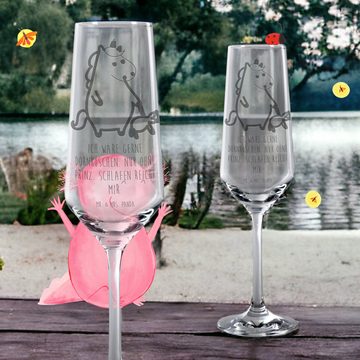 Mr. & Mrs. Panda Sektglas Einhorn Teddy - Transparent - Geschenk, Einhörner, Sektglas, Träumen, Premium Glas, Hochwertige Gravur