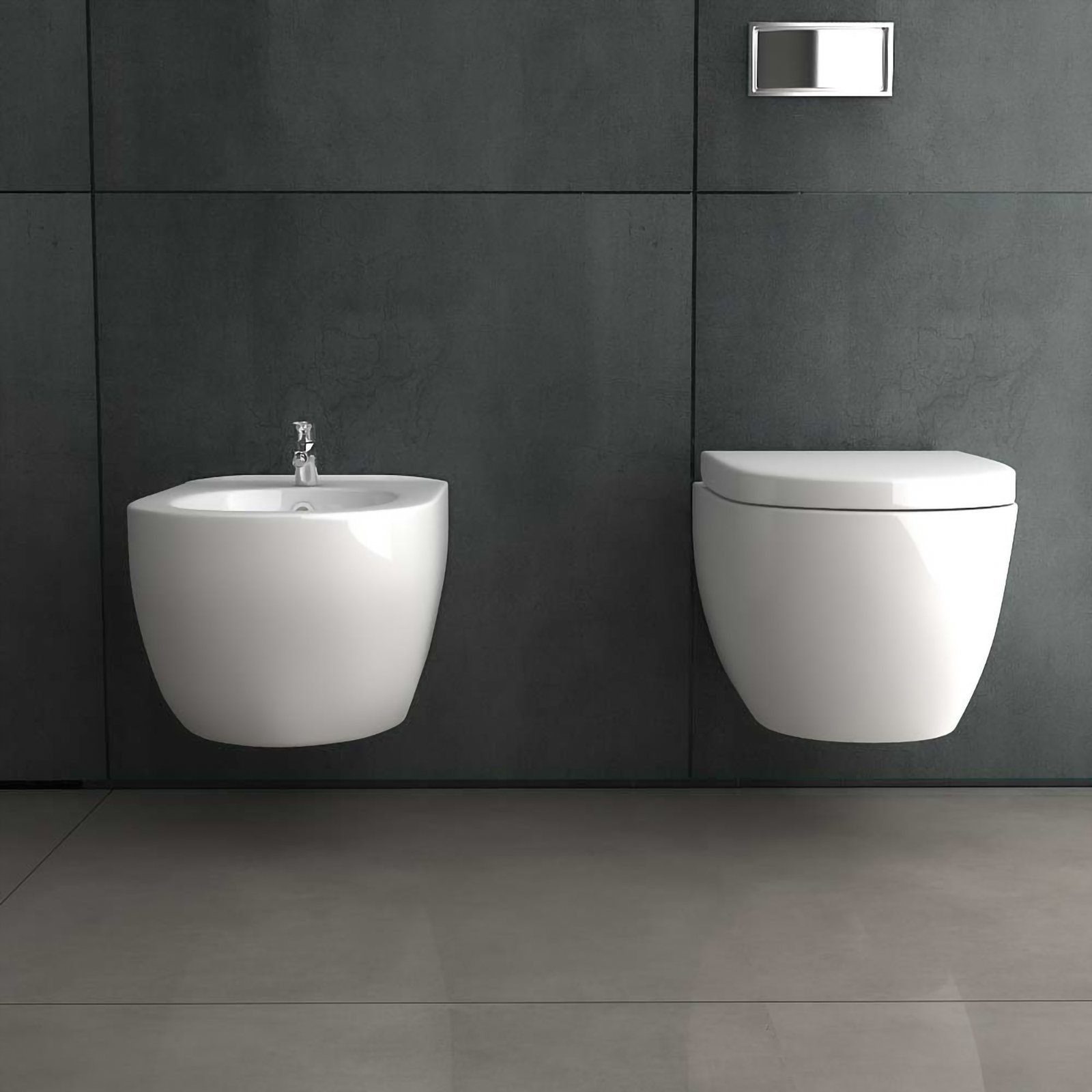 Alpenberger Bidet Komplet SET mit Hänge WC Spülrandlos + WC Sitz mit Absenkautomatik, Oval, wandhängend, waagerecht Abgang, 3-tlg., Set aus Wand WC und Bidet