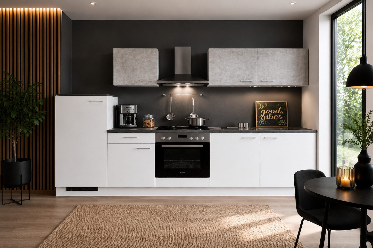 inter Küchenzeile Küchenblock 270 cm Weiß/Betonoptik Küchenzeile Arbeitsplatte & Spüle, (Spar-Set), Moderne Küchenzeile in Weiß/Betonoptik mit Soft-Close, Kugelauszügen