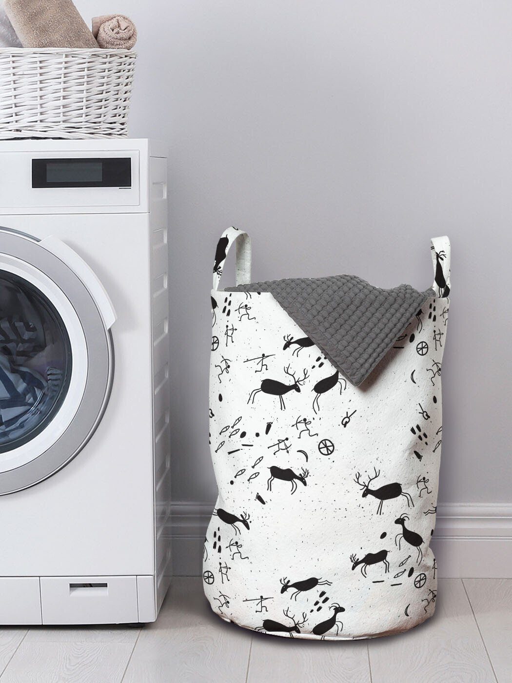 Abakuhaus Wäschesäckchen Wäschekorb mit Reindeer monochrome Kordelzugverschluss Primitive Griffen für Kunst Waschsalons