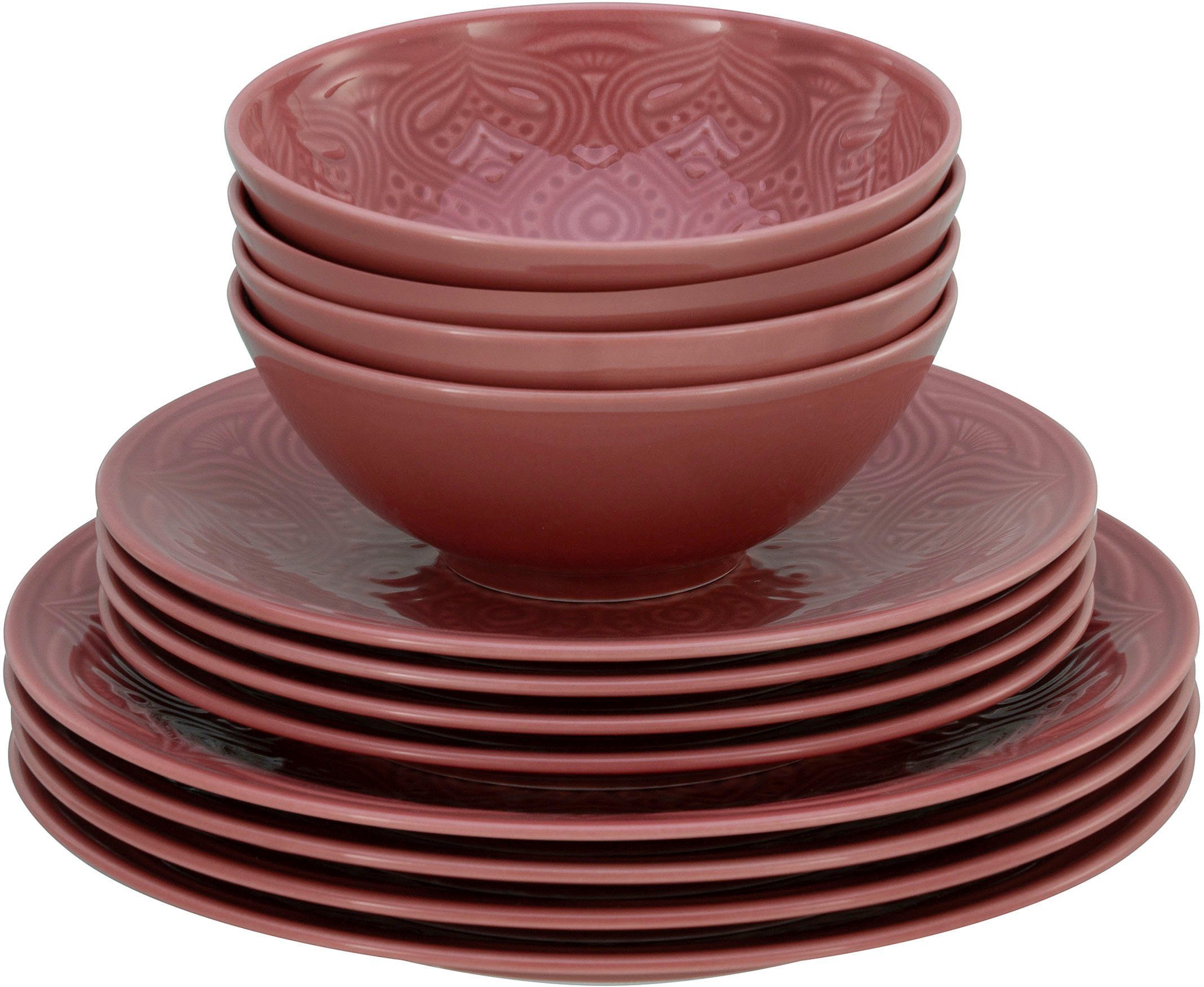 CreaTable Teller-Set Orient Mandala (12-tlg), 4 Personen, Porzellan, Speiseteller, Dessertteller und Schalen im Set rot