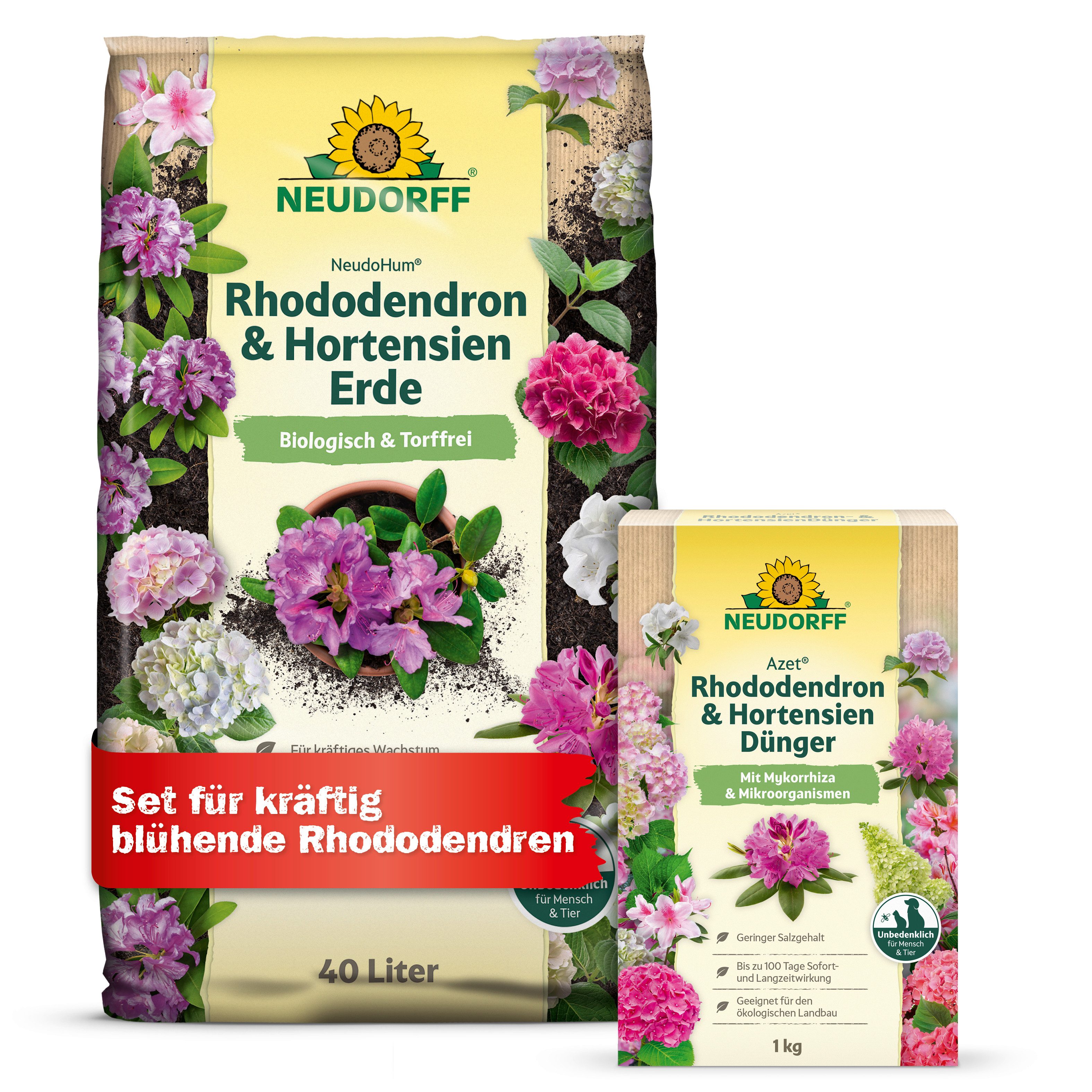 Neudorff Langzeitdünger Rhodo Set, 2-teiliges Set, 2-St., NeudoHum Rhodo- & HortensienErde + Azet Rhododendrondünger, Torffreie Spezialerde mit Rhododendrondünger im Komplett-Set