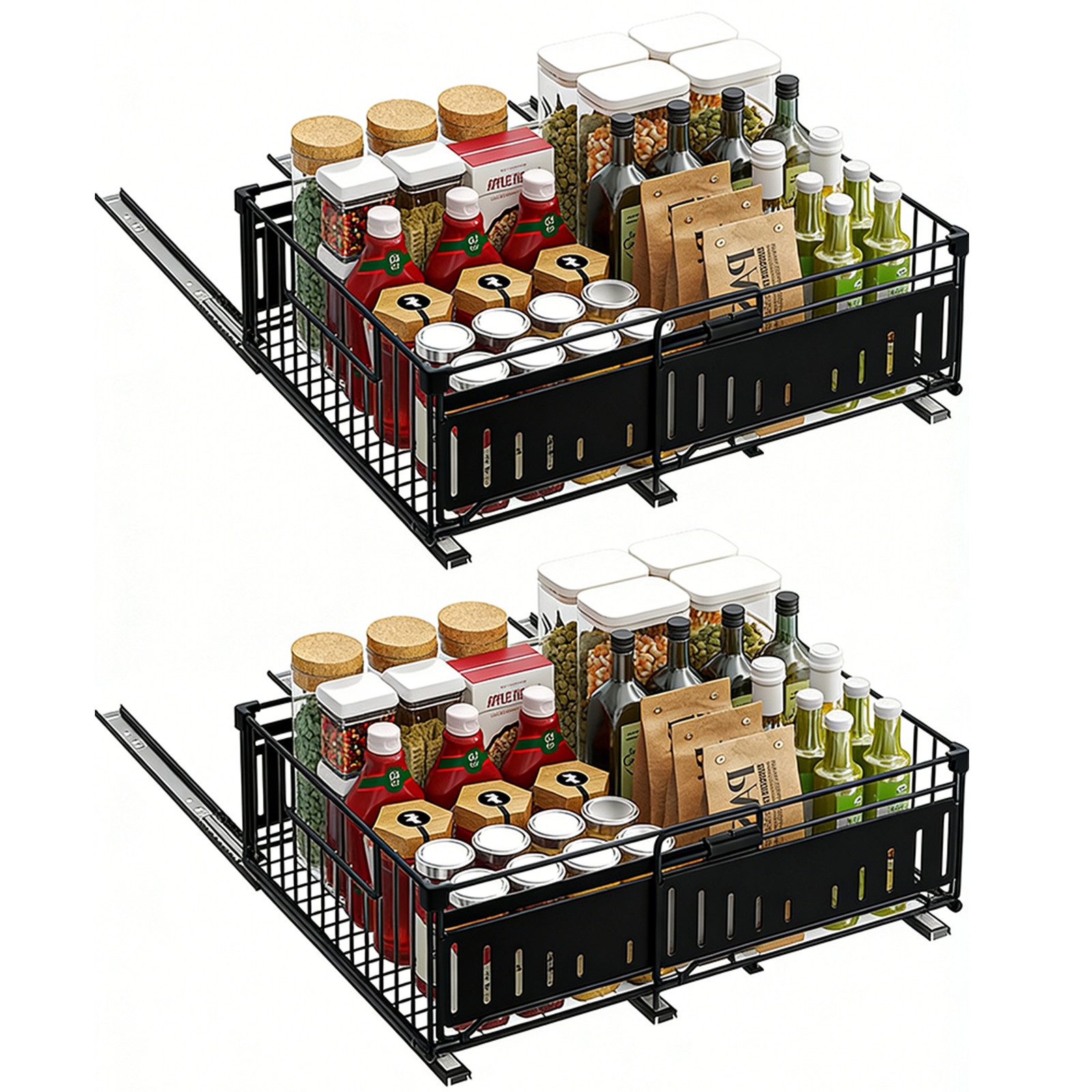 BlingBin Küchenorganizer-Set Teleskopschublade, Ausziehbare Schublade Aufbewahrungsregale Organizer, (2er-Set, 2-tlg., Verstellbare Breite: 32,5–49,5 cm), für Küchenschränke, Ausziehbar Küche Schublade Organizer, Schwarz