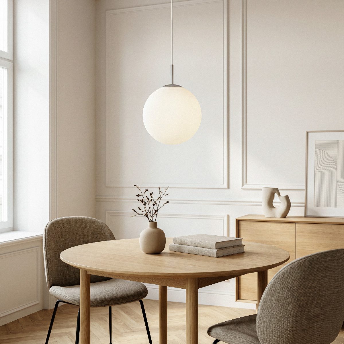 Liadomo Pendelleuchte Kyra, 1-flammige Hängelampe, rund, aus Opalglas, schlicht, modern, ohne Leuchtmittel, E27-Fassung, diffuses Licht, 35 cm Durchmesser, Esszimmerlampe
