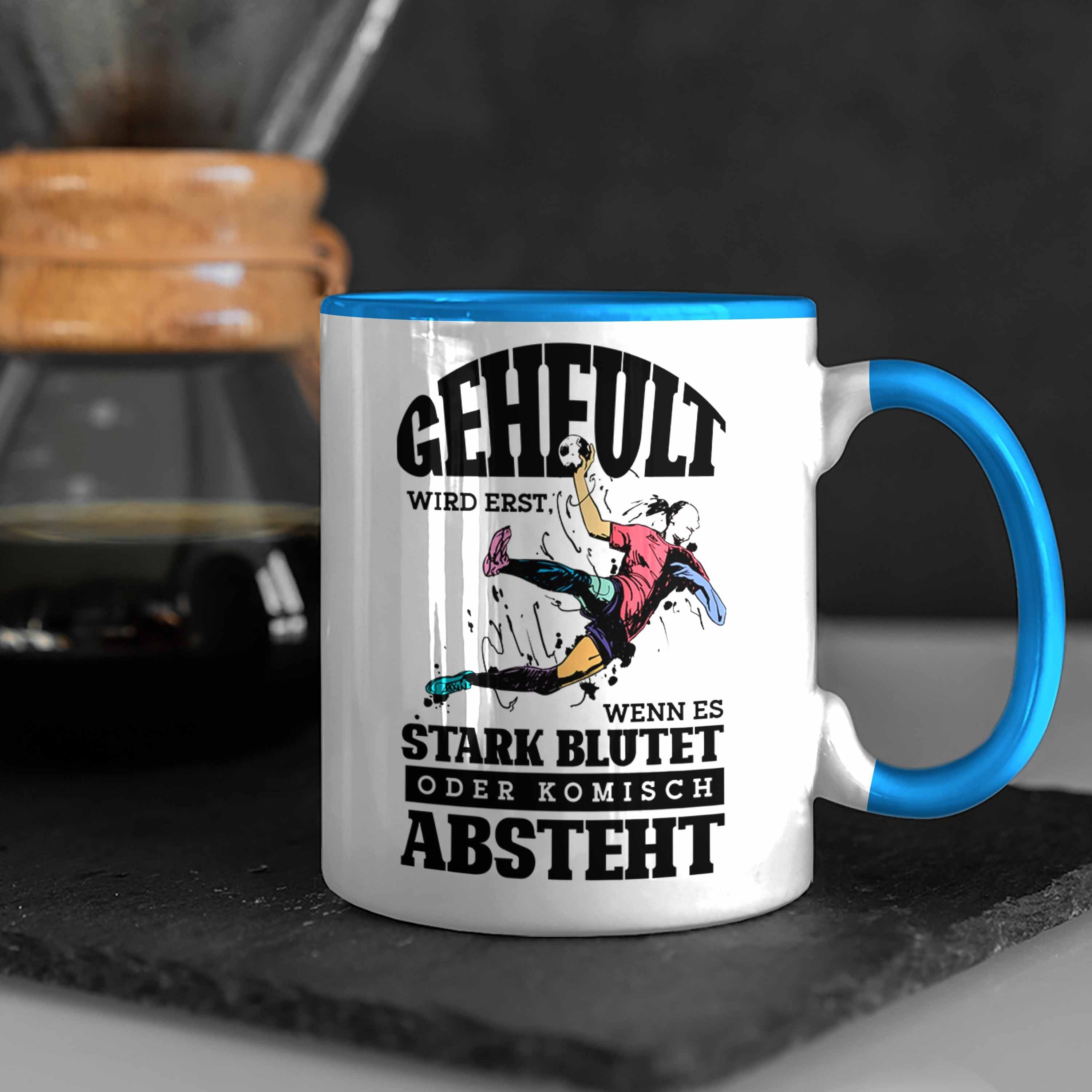 Trendation Tasse Lustige Geheult Handball-Tasse Handballspieler Blau für Geschenk Erst Wird