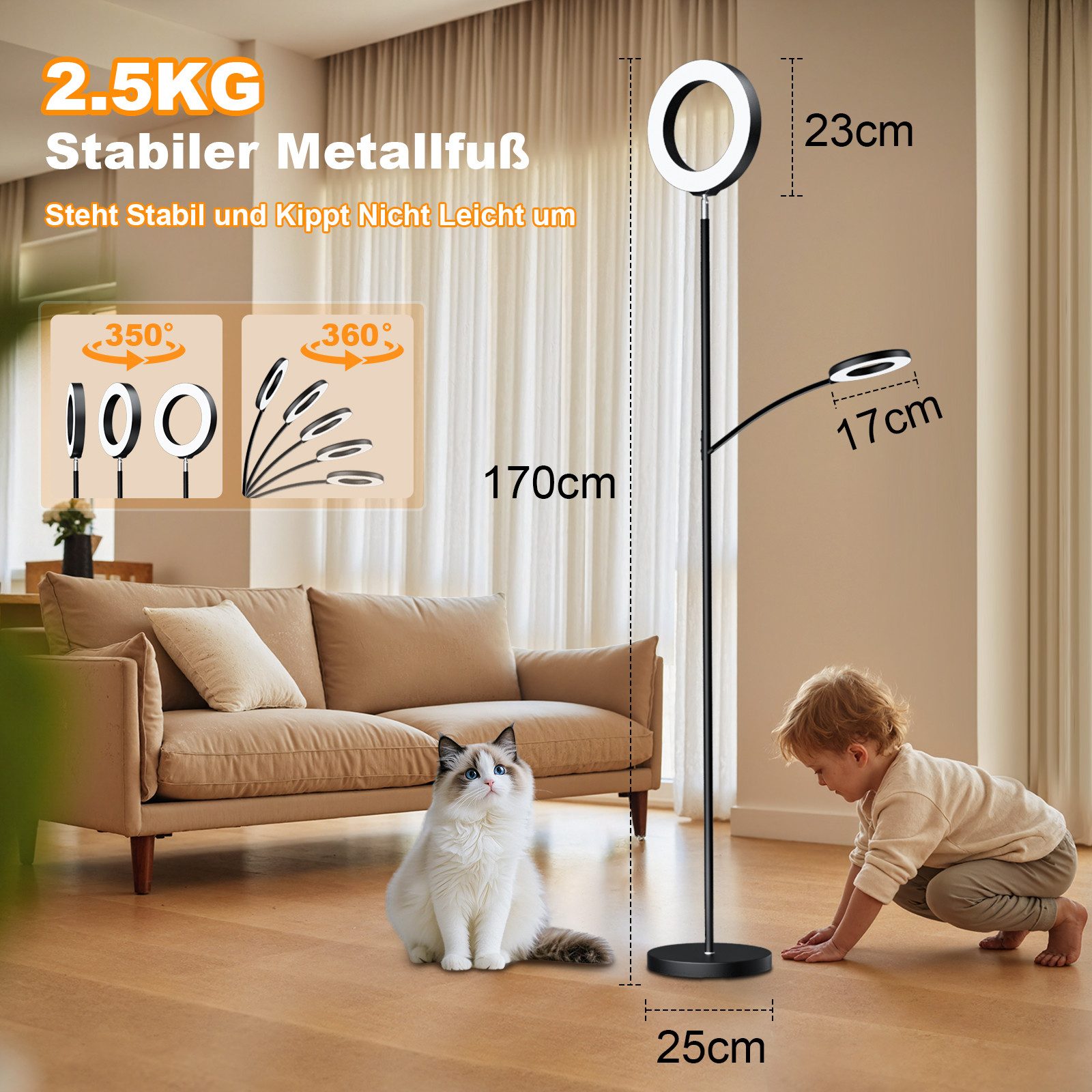 Lujasi LED Stehlampe 36 W Dimmbarer Deckenfluter mit Fernbedienung & Memory-Funktion, Leselampe, LED fest integriert, Weißes Licht, Warmes Licht, Natürliches Li – Bild 5 von 5