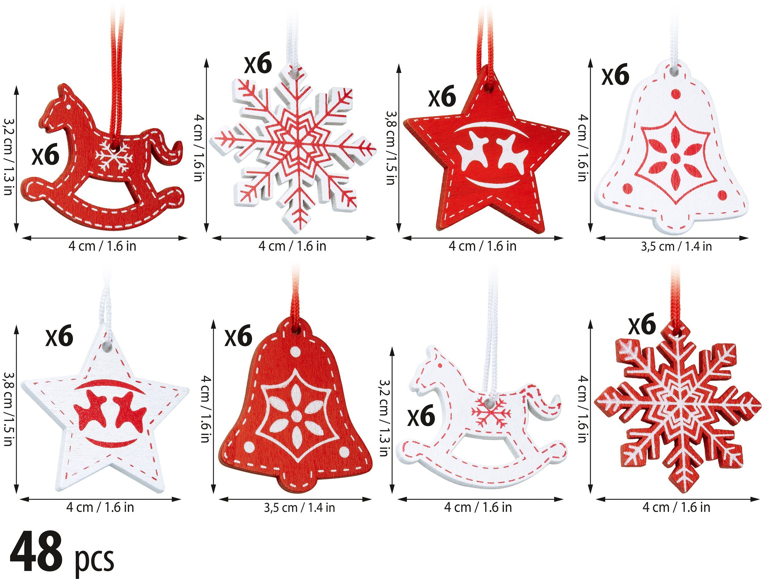 BRUBAKER (48-tlg), Weiß, Holz - aus Christbaumanhänger Set Rot Weihnachtsbaumschmuck hoch cm und 3-4 in Weihnachtsanhänger Christbaumschmuck