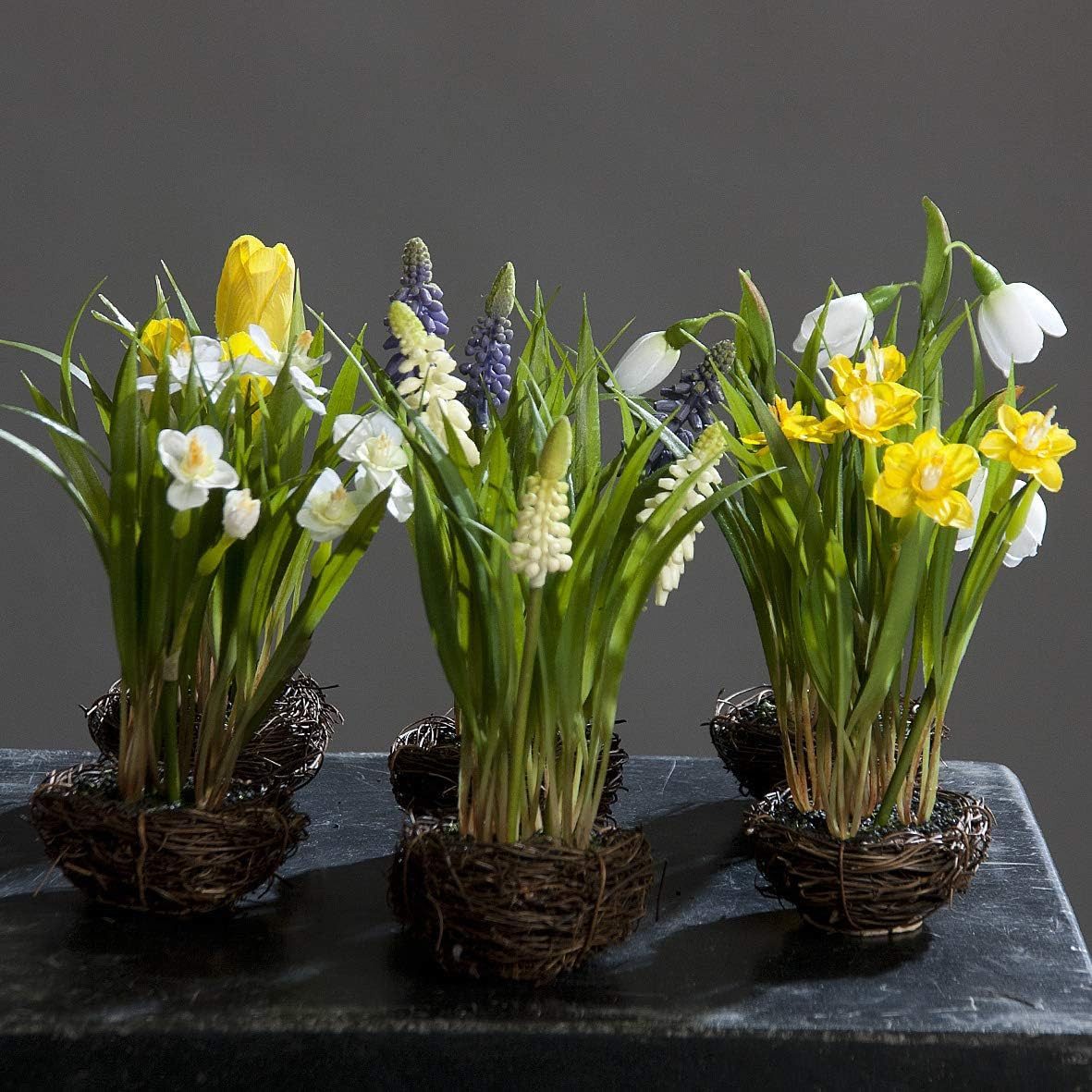 Kunstblume 6er-Set Künstliche Frühlingsblüher im Rattan-Nest 6-Fach Sortiert, mucPlants