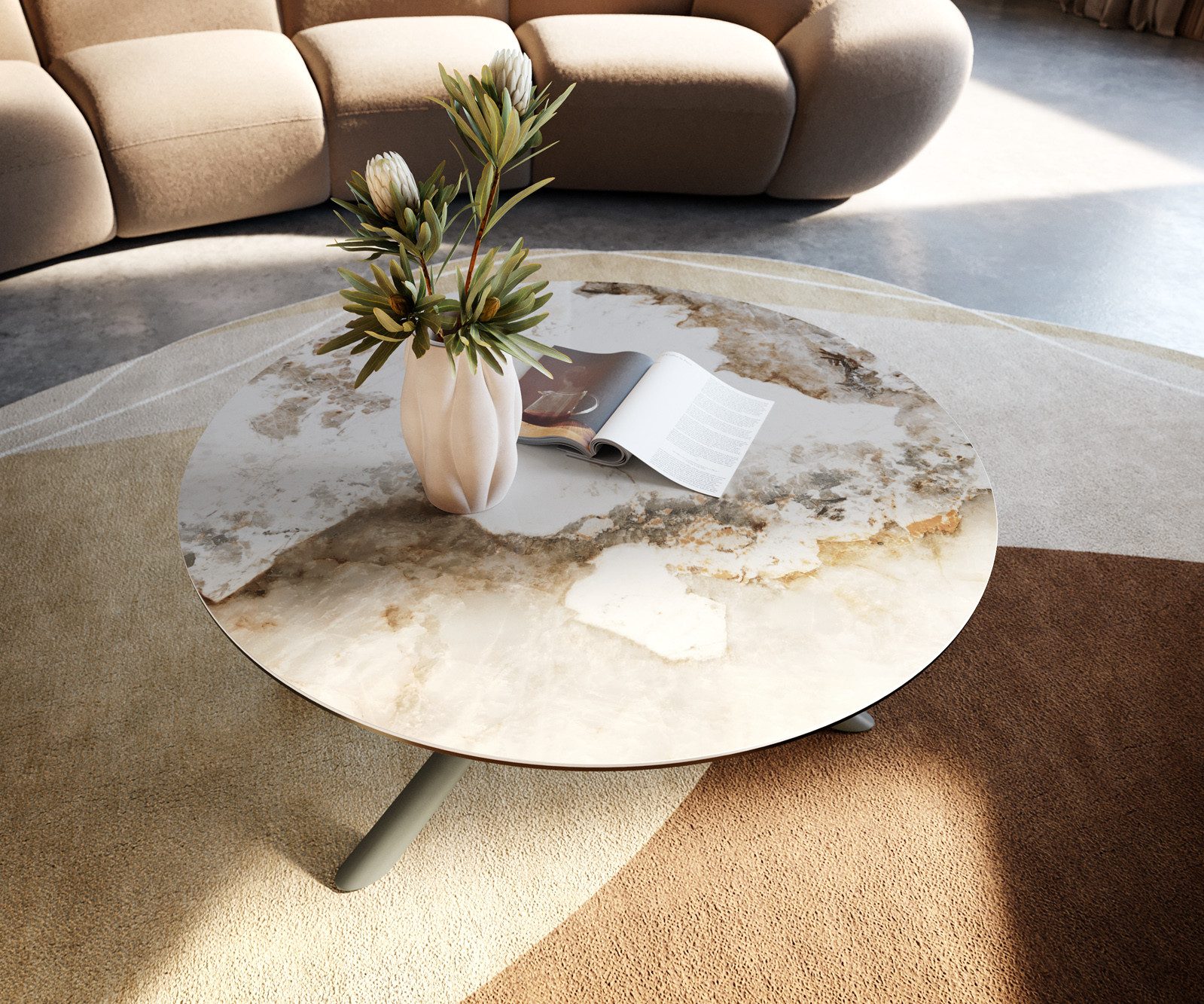 DELIFE Couchtisch Edge, Rund 90x90 cm Keramik Minas Melange Sarity Metall Effektfinish Titan