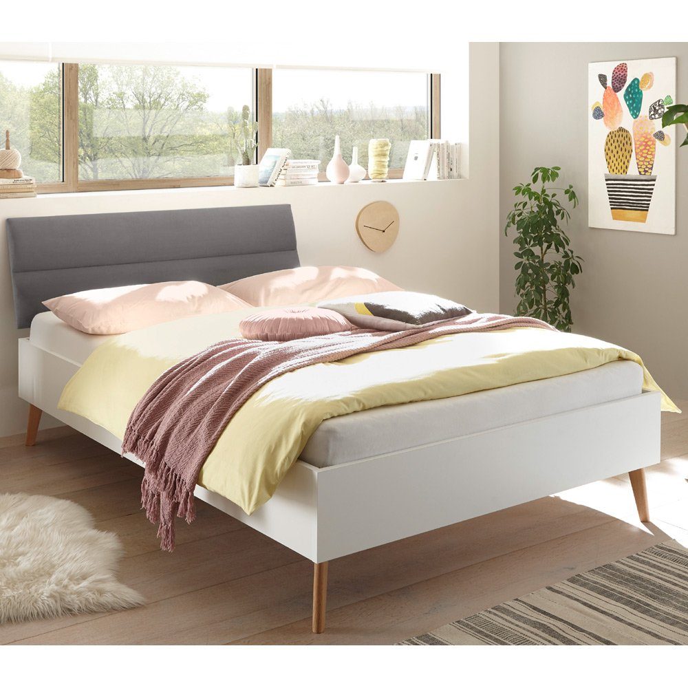 Lomadox Bett »MAINZ-61«, Doppelbett in weiß matt/grau, skandinavisches  Design, mit Füßen aus Natureiche Massivholz B/H/T ca. 145x44x210 cm