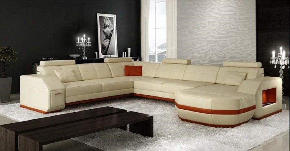 xxl in Form U Beige/Orange Ecksofa Couch Wohnlandschaft Ecksofa Ecke, Big JVmoebel Made Sofa Europe Ledersofa