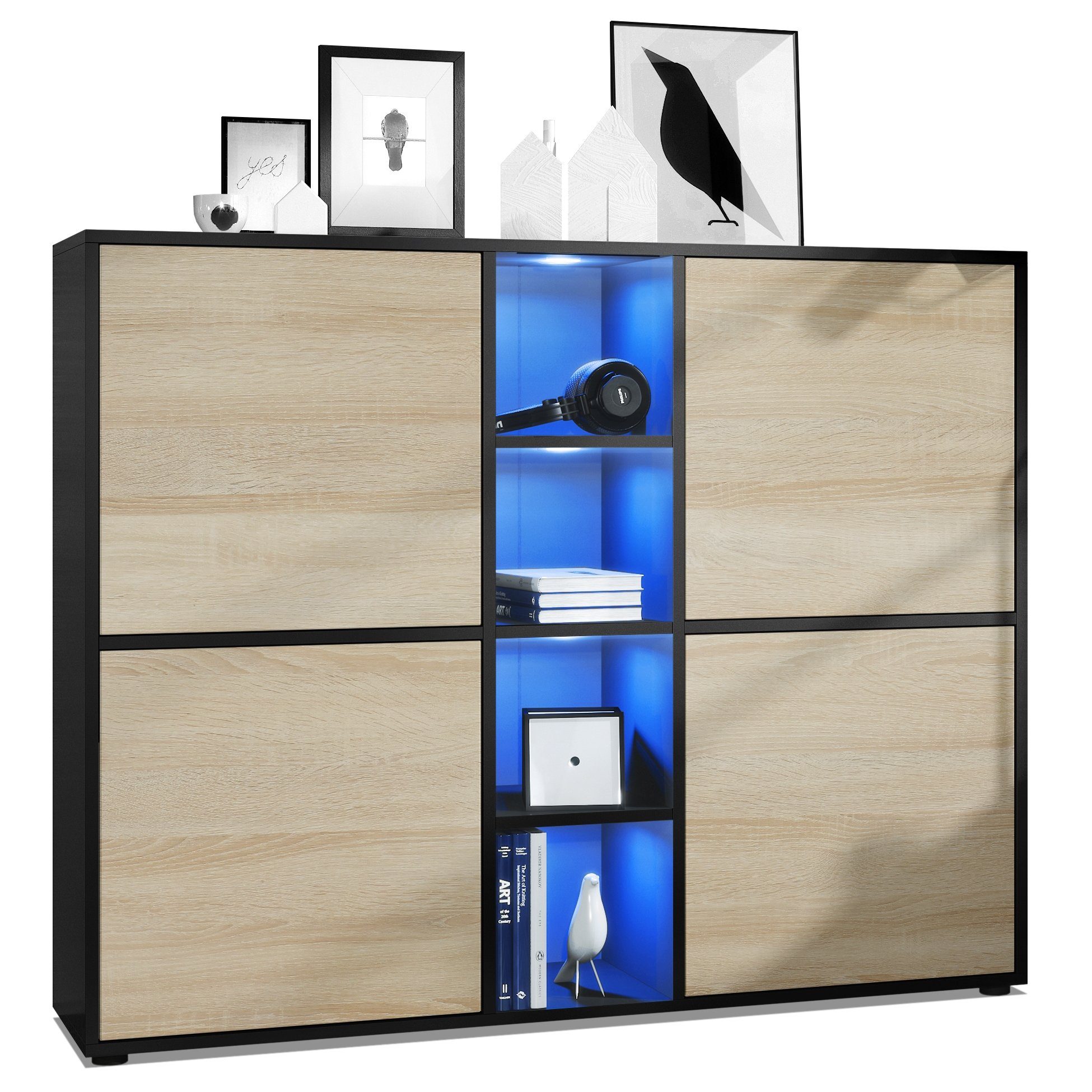 Vladon Highboard Cuba V3 (Highboard, mit 12 Fächern, inkl. RGB LED Beleuchtung), Korpus in Schwarz matt / in Eiche sägerau (130,5x105,5x35,5 cm)