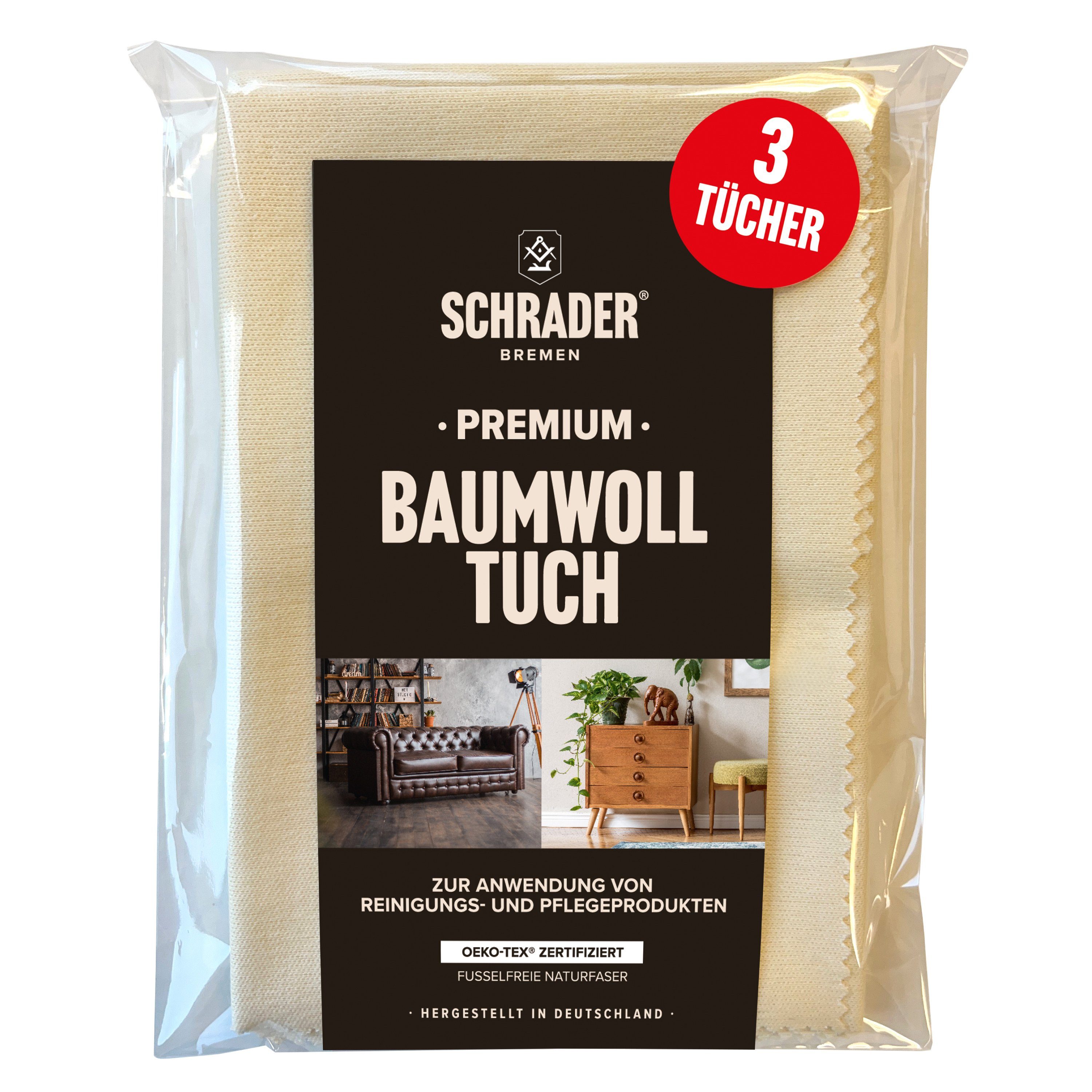 Schrader Premium Poliertuch aus Baumwolle - cremefarben - 25x33cm - 3 Stück Pflegetuch (33x25 cm, für alle Oberflächen, Möbel, Kleidung, Leder, Holz - Made in Germany)