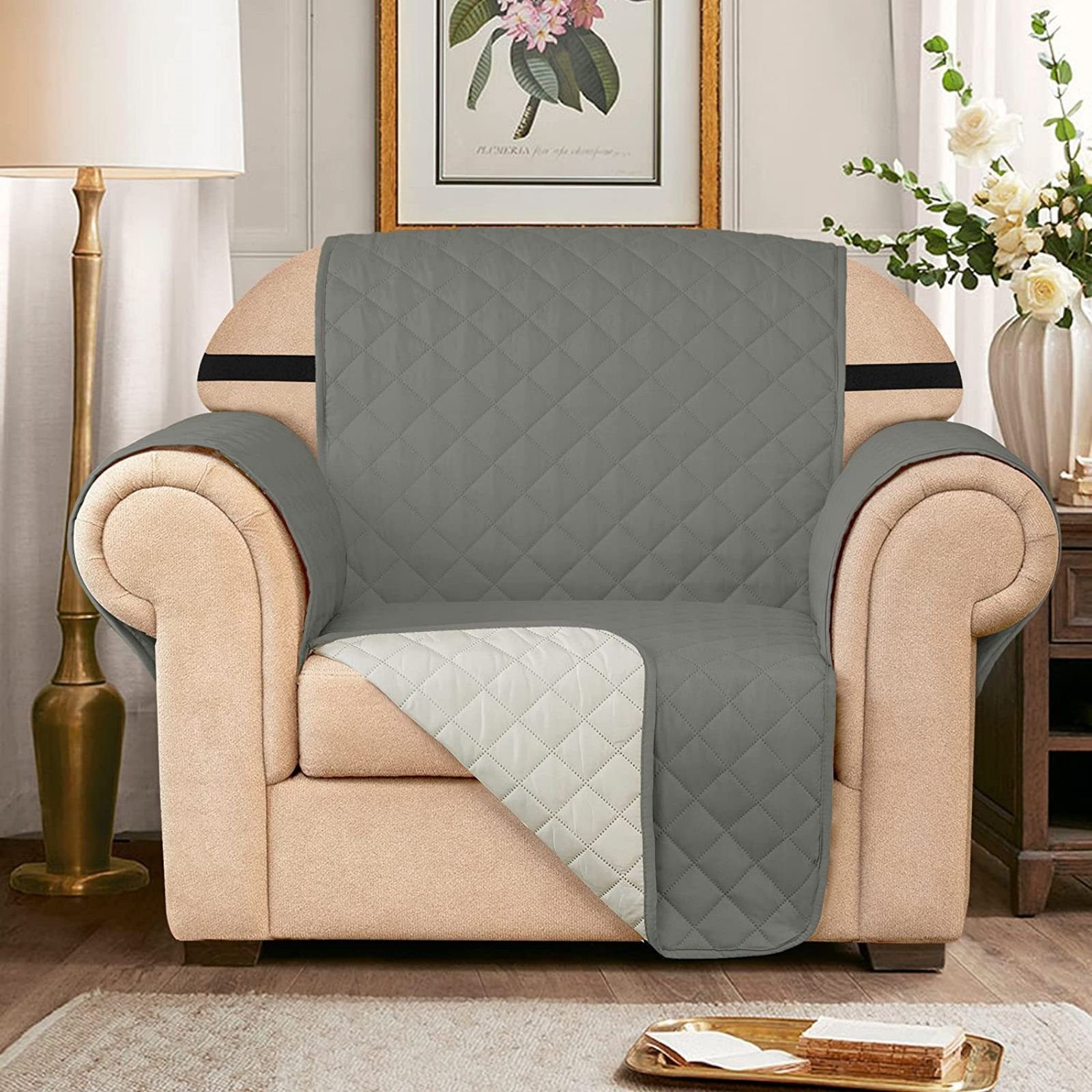 Sofahusse Gesteppt Sofabezug, Stuhlüberzüge für Wohnzimmer Sofas, SUBRTEX, mit Seitentaschen hellgrau
