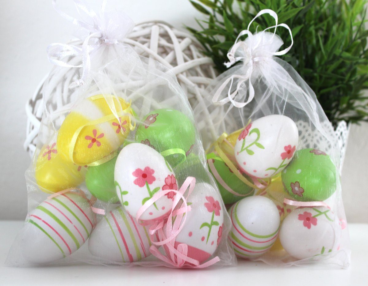 LB H&F Lilienburg Hängedekoration 16er SET Osterdeko Ostereier Osterschmuck Gartendeko Tischdeko (Garten Osteranhänger Osterstrauch Dekohänger Osterstrauß Deko Dekoration, Blumen Kunststoff Plastik wetterfest Frühling Frühlingsdeko), Ostern aussen draussen Hängedeko Osterhänger Anhänger bunt Muster