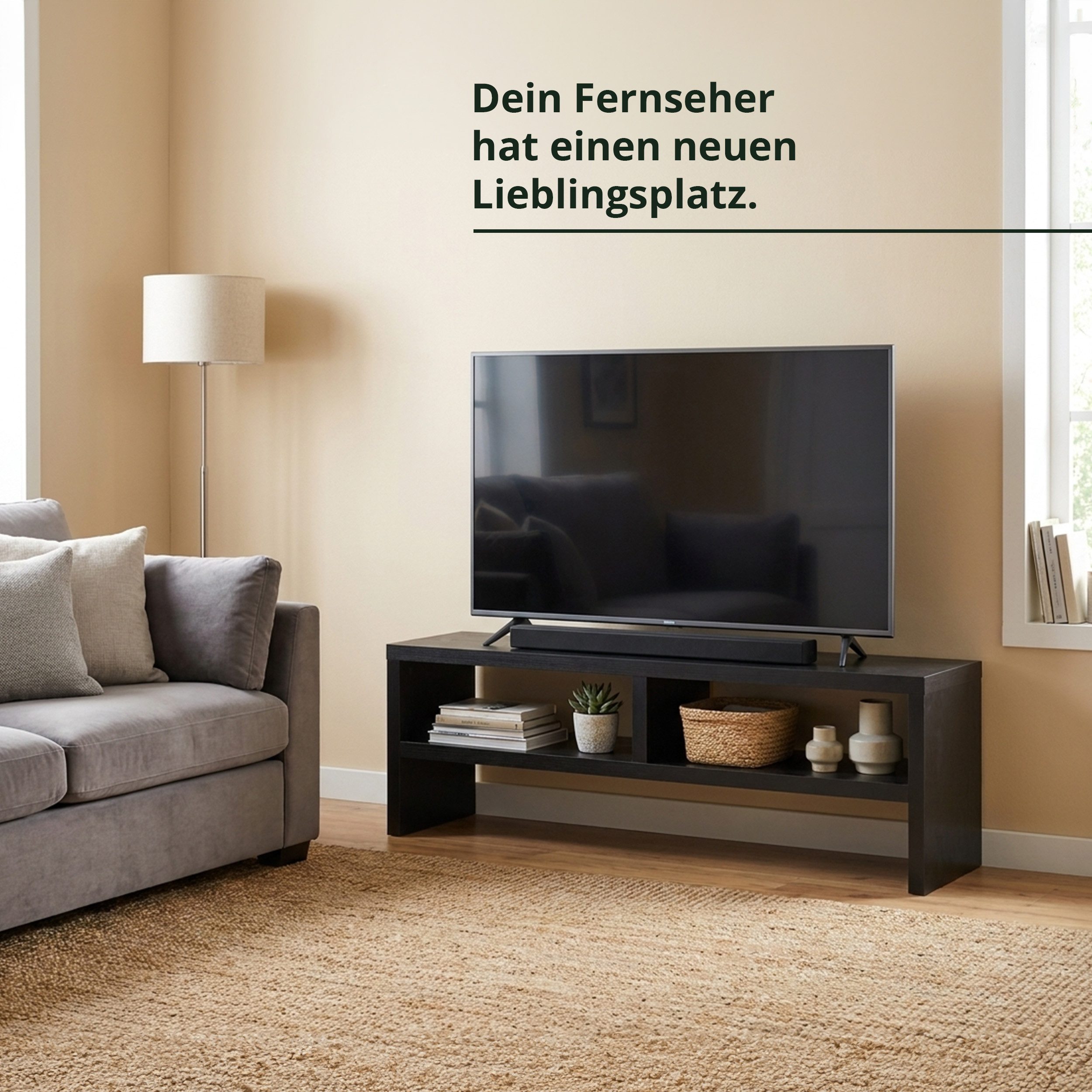 KHG TV-Board TV-Schrank Schwarz mit 2 offenen Fächern 140x45x35 cm (Kompaktes Lowboard mit viel Stauraum, stabile Konstruktion, 1 St., Kabelmanagement durch offene Fächer, vielseitig einsetzbar), offene Fächer