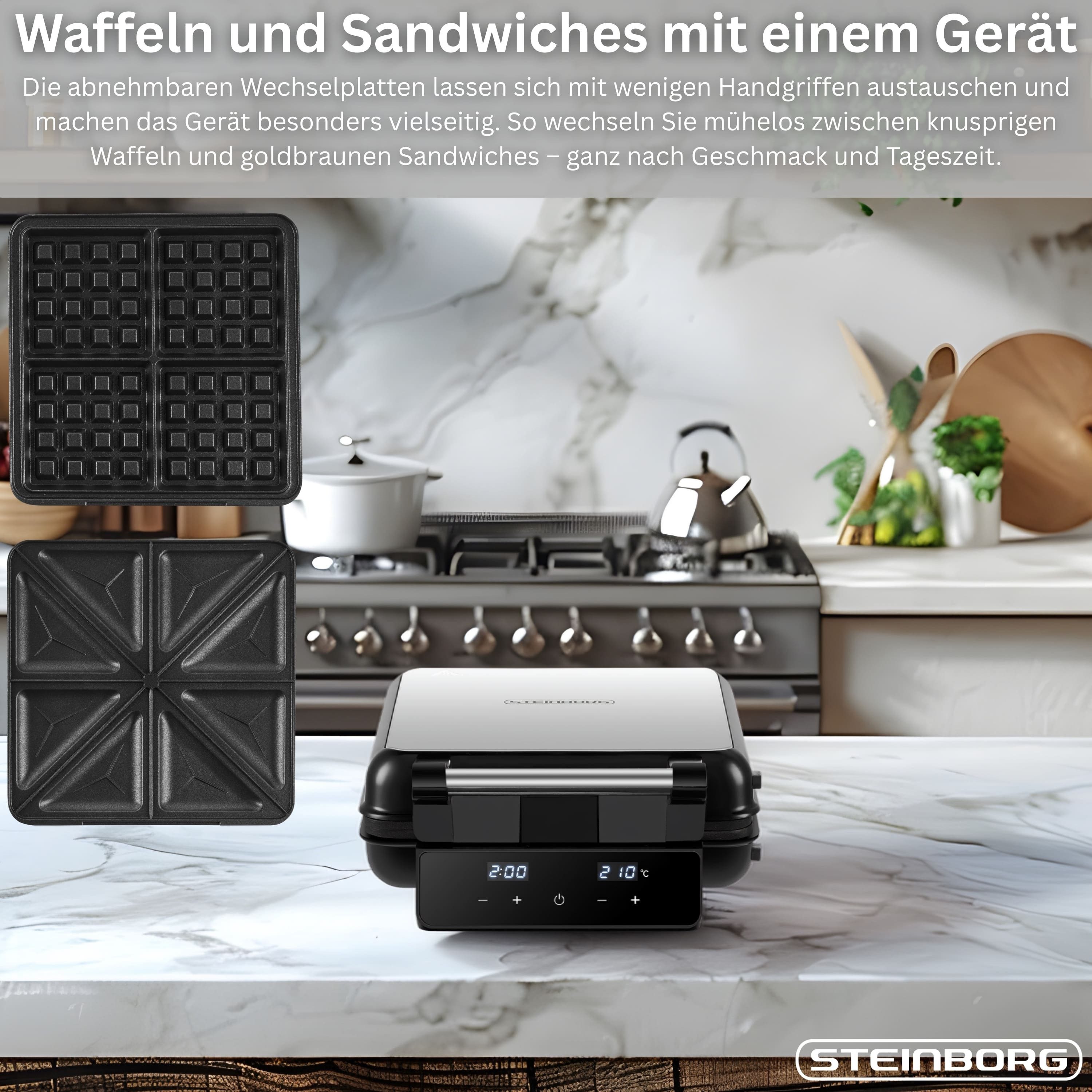 STEINBORG 2-in-1-Kombi-Waffeleisen SB-2241, 1500 W, Touch-Display