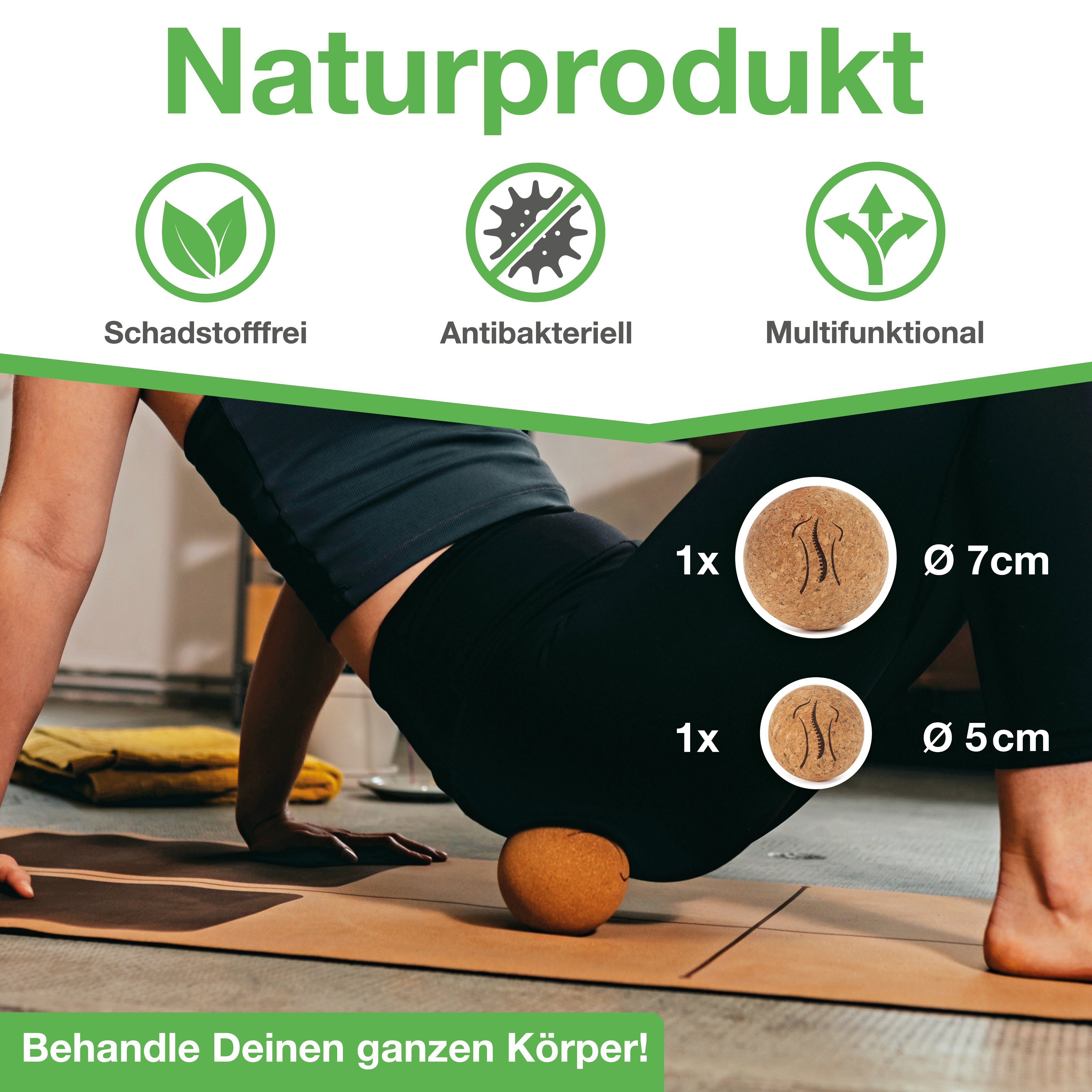 BACKLAxx® Massageball Faszienball aus 100% antibakteriellem Kork, 2-tlg., inkl. Baumwolltasche & Gratis E-Book, ideal zur Selbstmassage