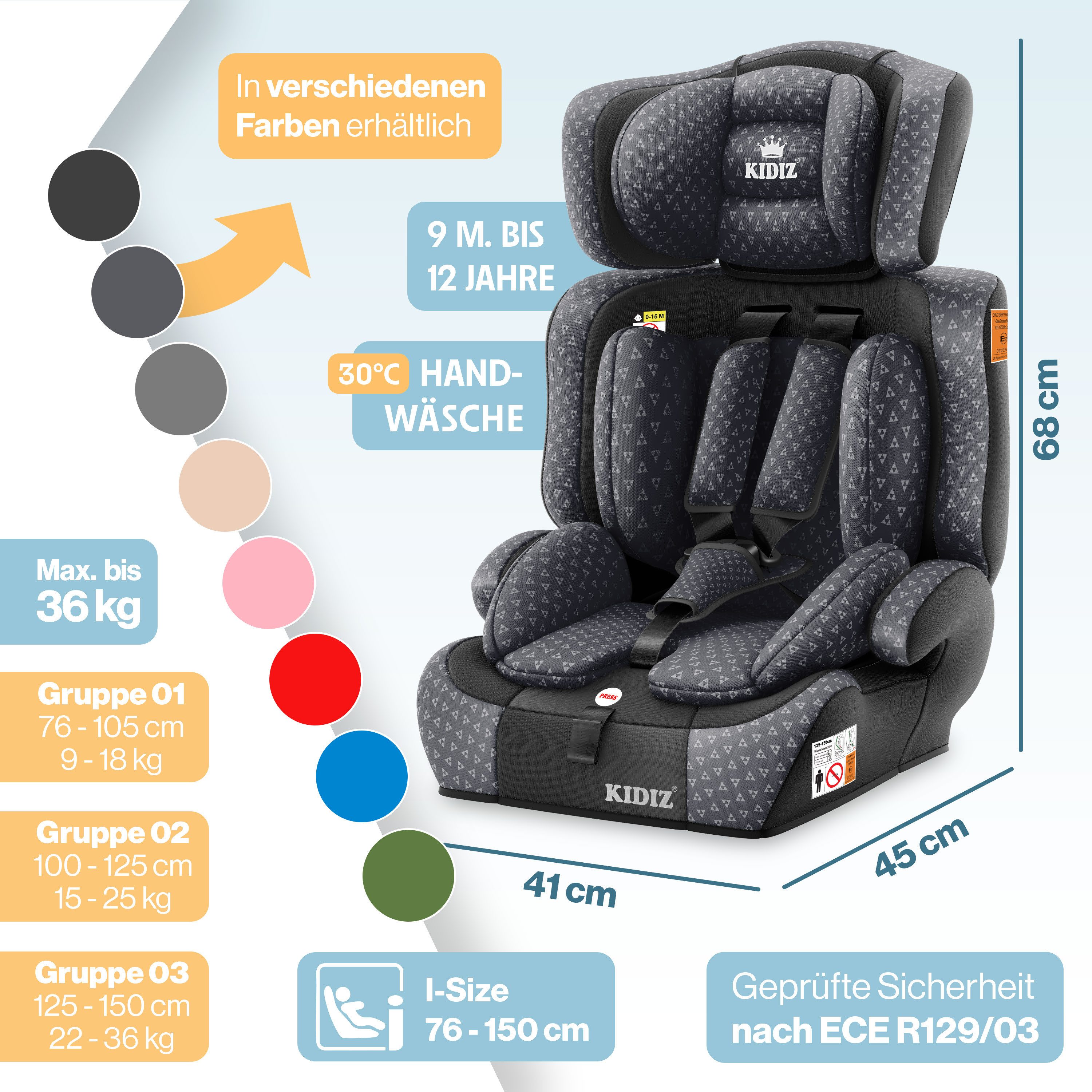 KIDIZ Autokindersitz, Kinderautositz 1-12 Jahre, Mitwachsend, Gruppe 1+2+3, 9-36 kg Autositz