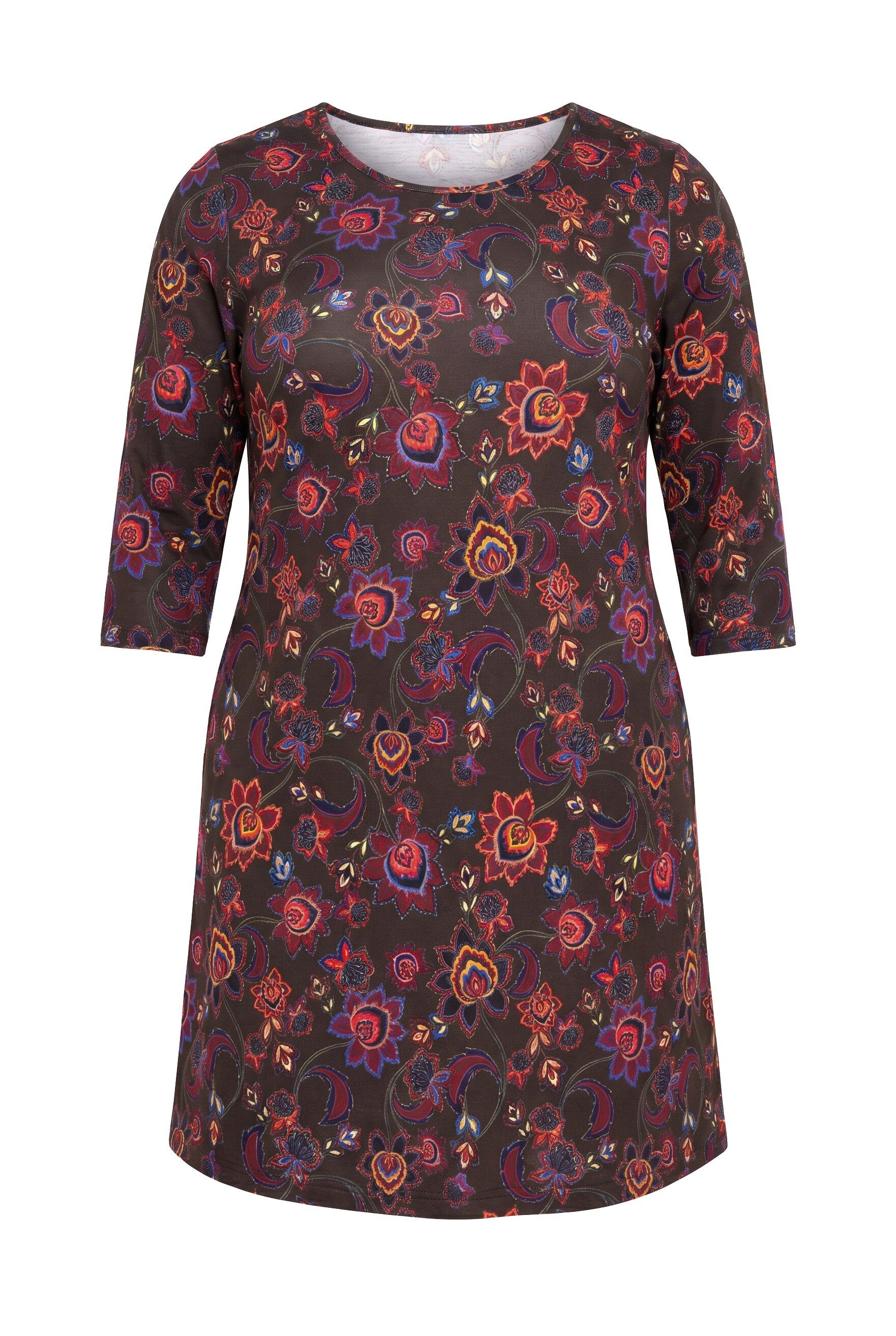 Ulla Popken Maxikleid Jerseykleid Blüten A-Linie Rundhals 3/4-Arm