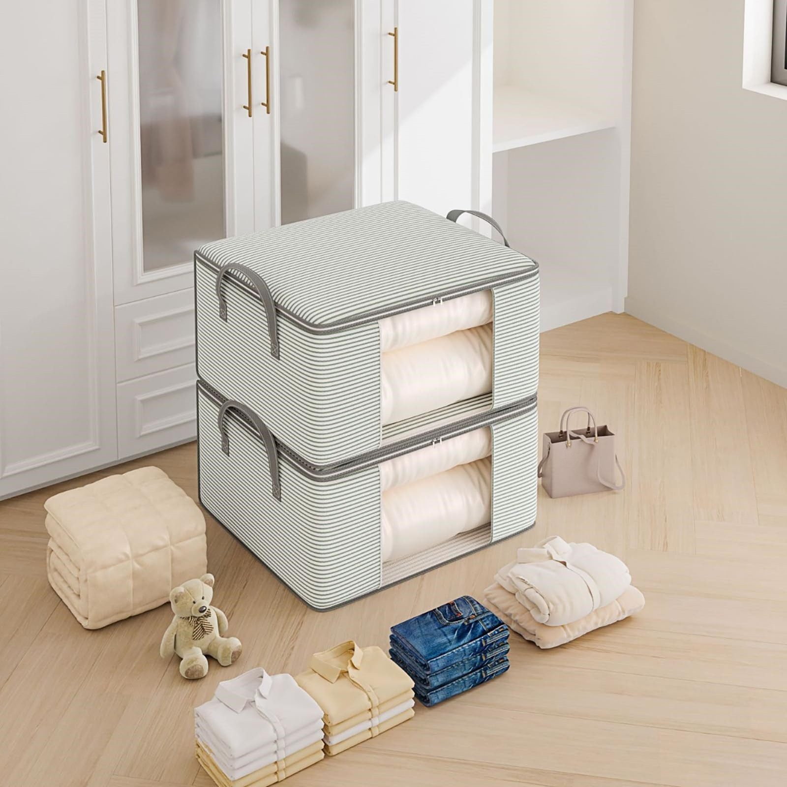 FOUORTUNATE-BEE Organizer 3 Stück Aufbewahrungstasche Kleideraufbewahrung (Kleiderschrank Organizer Aufbewahrungsbox Klappbar Stapelbar, 3 St., mit Verstärkten  – Bild 2 von 5