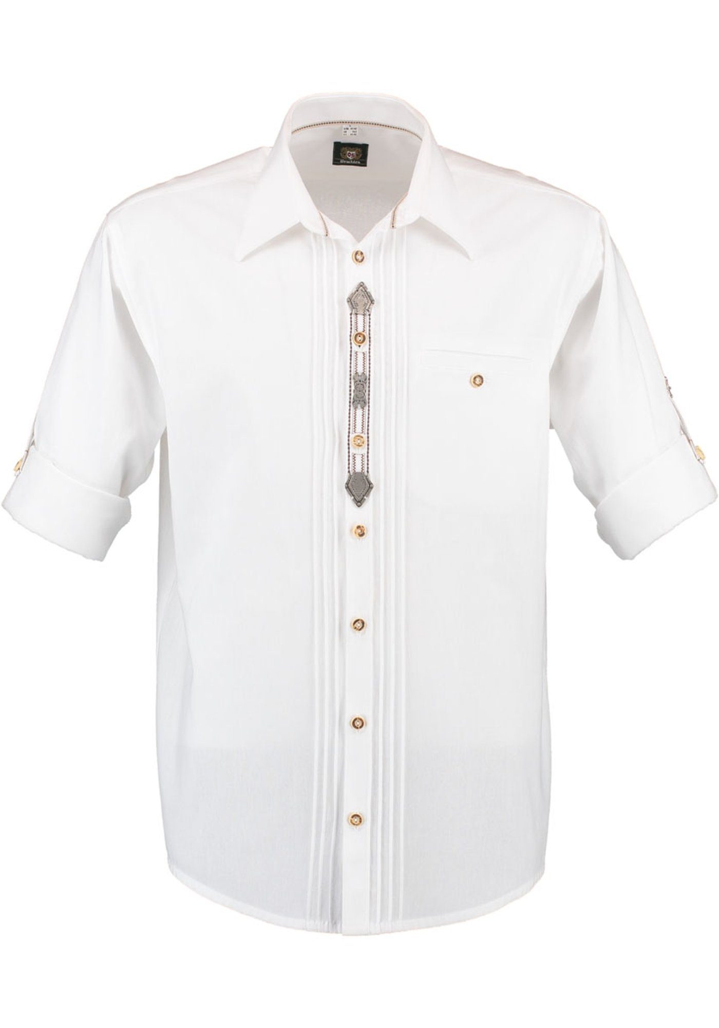 OS-Trachten Trachtenhemd Zierteile der auf 2x3 Knopfleiste weiß mit Afudi Biesen, Langarmhemd