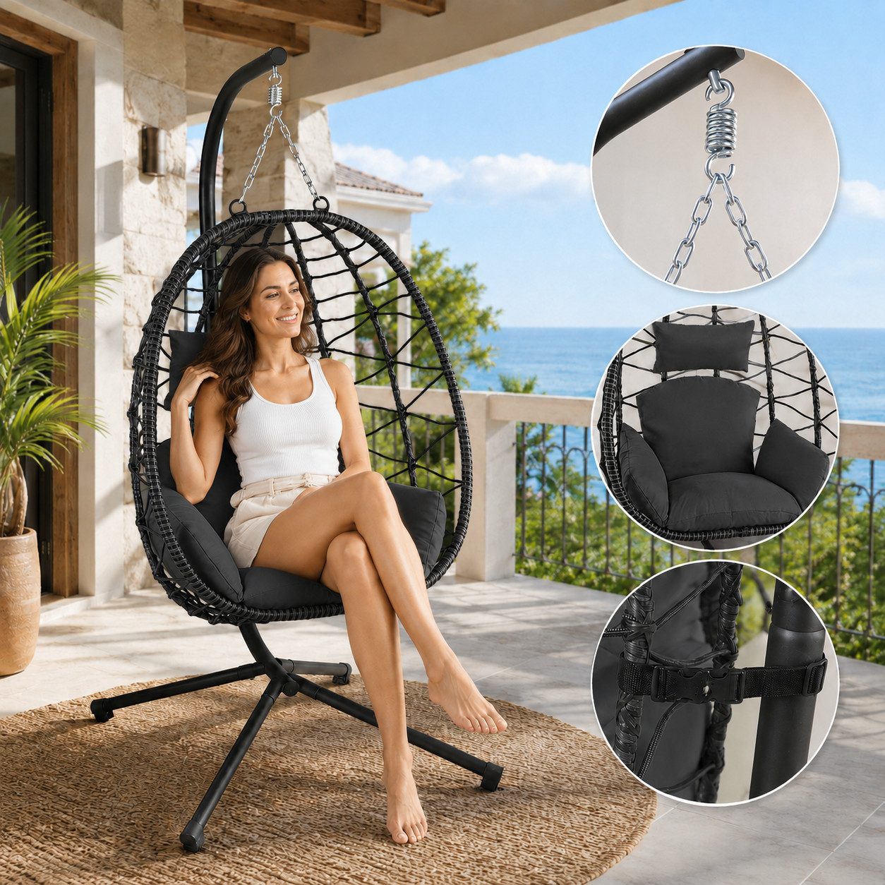 Makika Loungesessel Hängesessel mit Gestell Polyrattan Höhenverstellbar - 150 kg - Schwarz