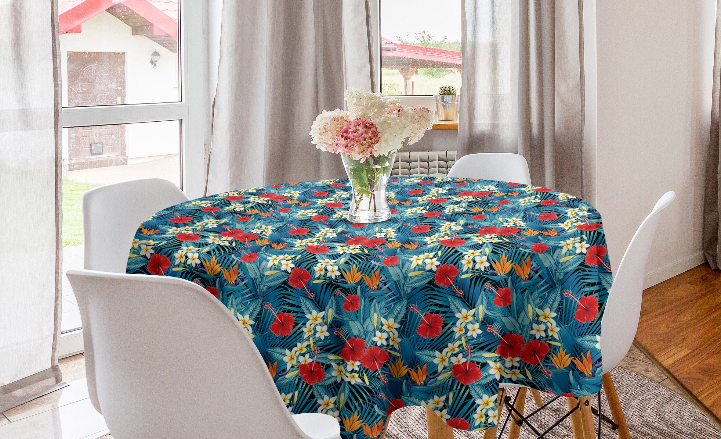 Abakuhaus Tischdecke Kreis Tischdecke Abdeckung Dekoration, Küche Esszimmer Sommer Dschungel-Blumen-Blüten-Motiv für
