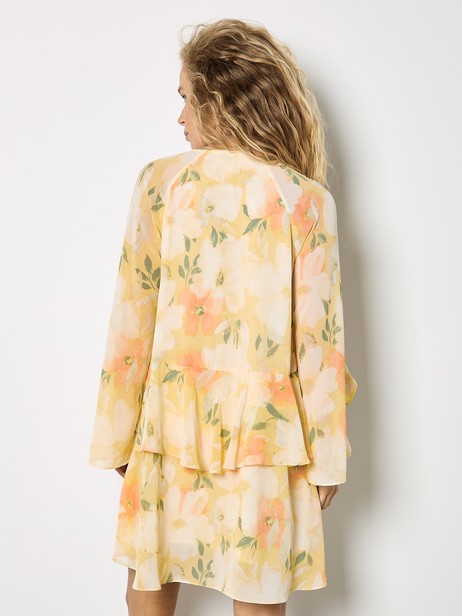 Apricot Druckkleid Mini-Kleid aus Chiffon mit Blumenmuster mit Rüschen – Bild 5 von 5