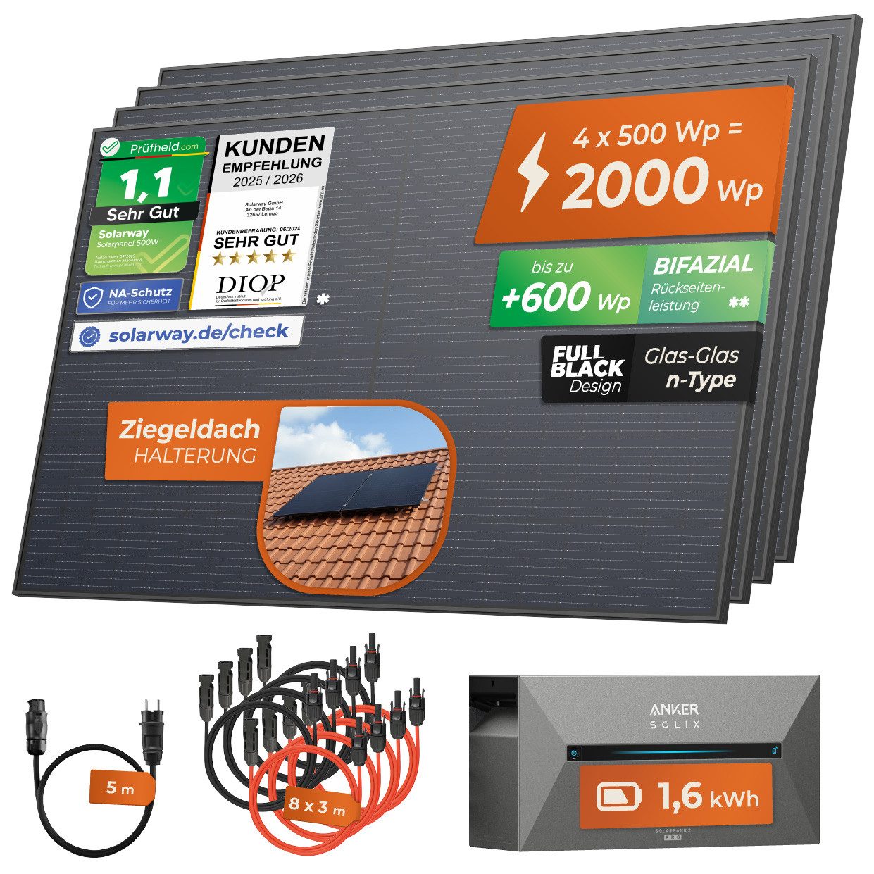 Solarway Balkonkraftwerk mit Speicher All in One 2000 Wp / 800 Watt 1,6 kWh Anker Solix 2 Pro, 2000 W, (500Wp, 1600Wh Batterie, Kabel Schuko zu Betteri, MC4-Stecker), Monokristallin, Solaranlage Komplettset - Solarmodule & Anker Speicher