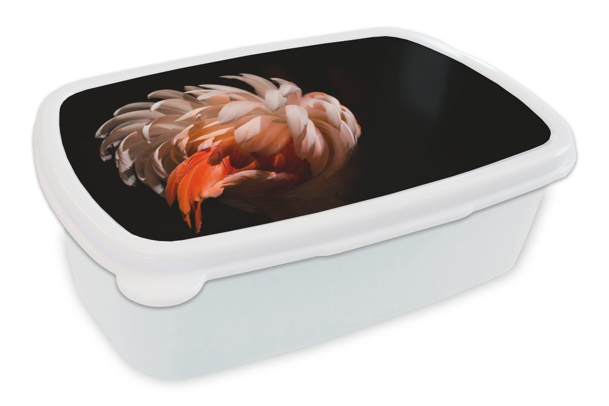 MuchoWow Lunchbox Flamingo - Federn - Licht - Makro, Kunststoff, (2-tlg), Brotbox für Kinder und Erwachsene, Brotdose, für Jungs und Mädchen weiß