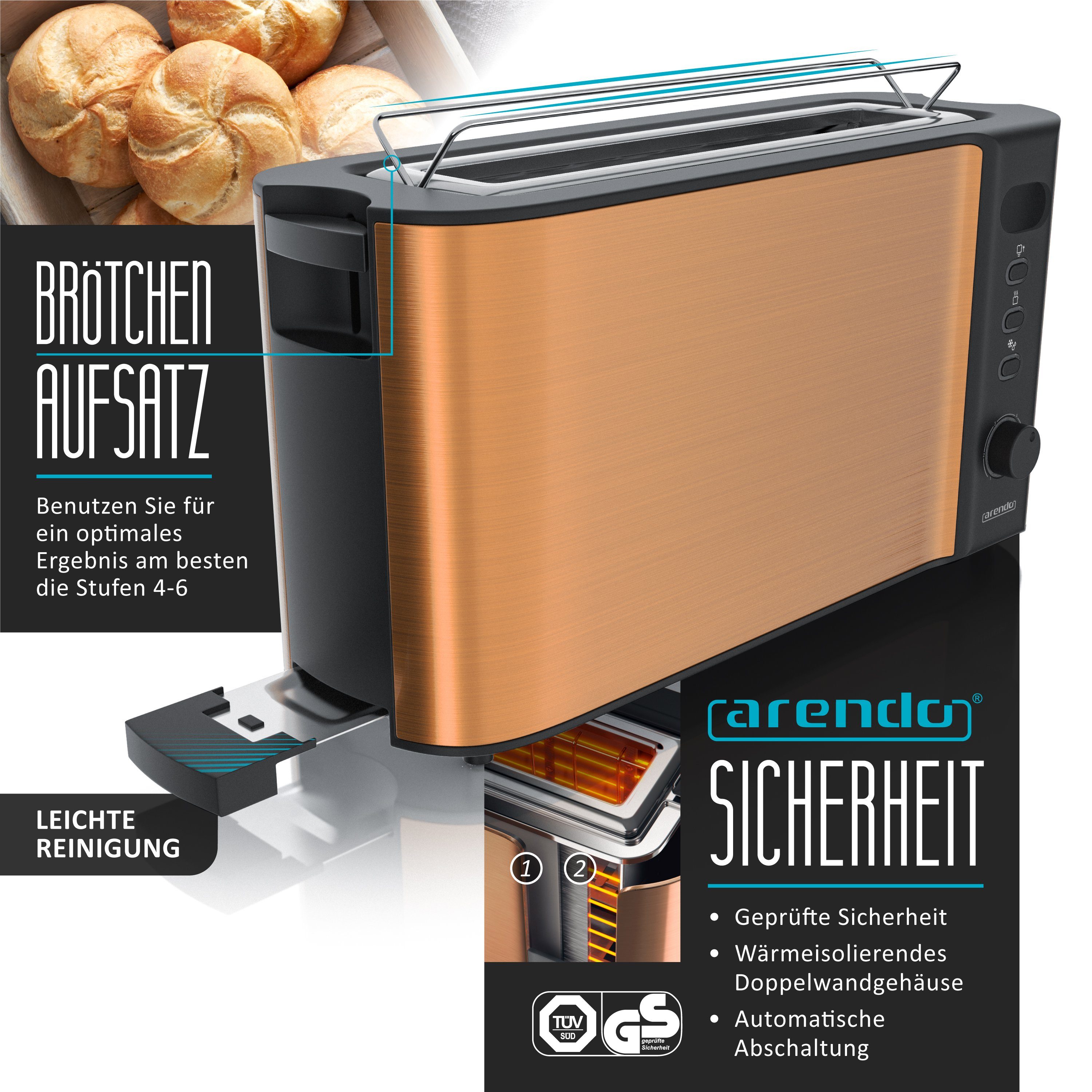 Arendo Frühstücks-Set (3-tlg), Wasserkocher 1,5l, 2-Scheiben Toaster, 6er Eierkocher, Kupfer