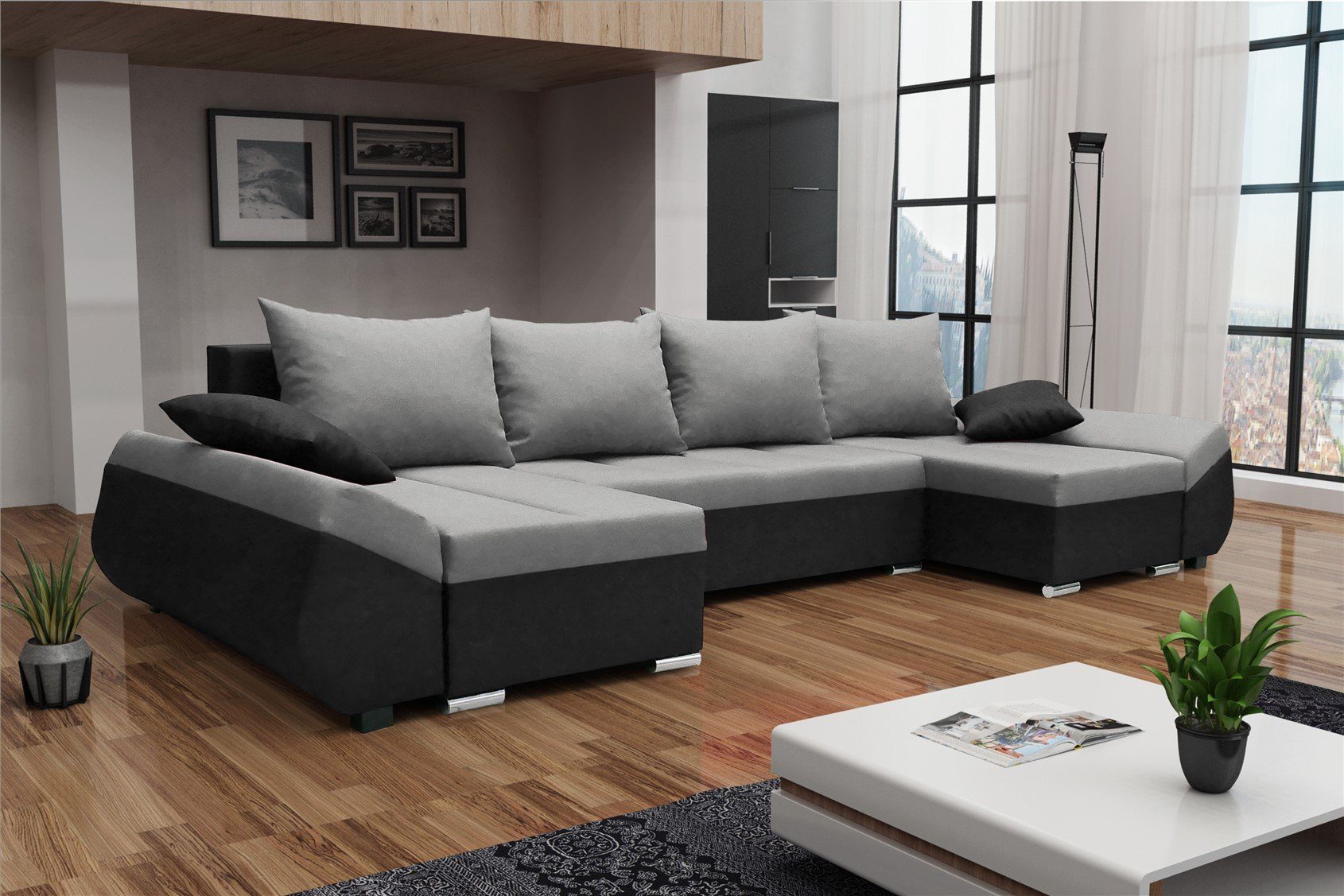 Fun Möbel Wohnlandschaft Sofa in U-Form KLEO in Stoff, inkl. Rückenkissen und Zierkissen, mit Bettkasten Schwarz-Grau