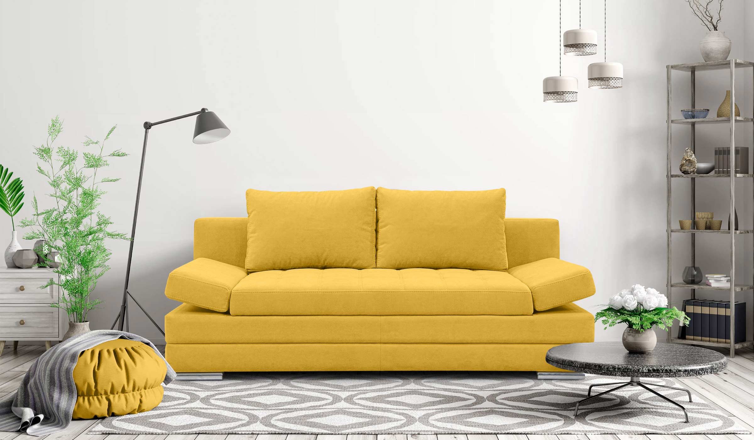 Hygger Möbelhaus Schlafsofa Barni Sofa mit Bettfunktion und Bettkasten, Inkl. Armteilverstellung, Langlebiger Sitzkomfort dank Wellenunterfederung und Federkern., Kostenlose Lieferung & Montage in ganz Deutschland.