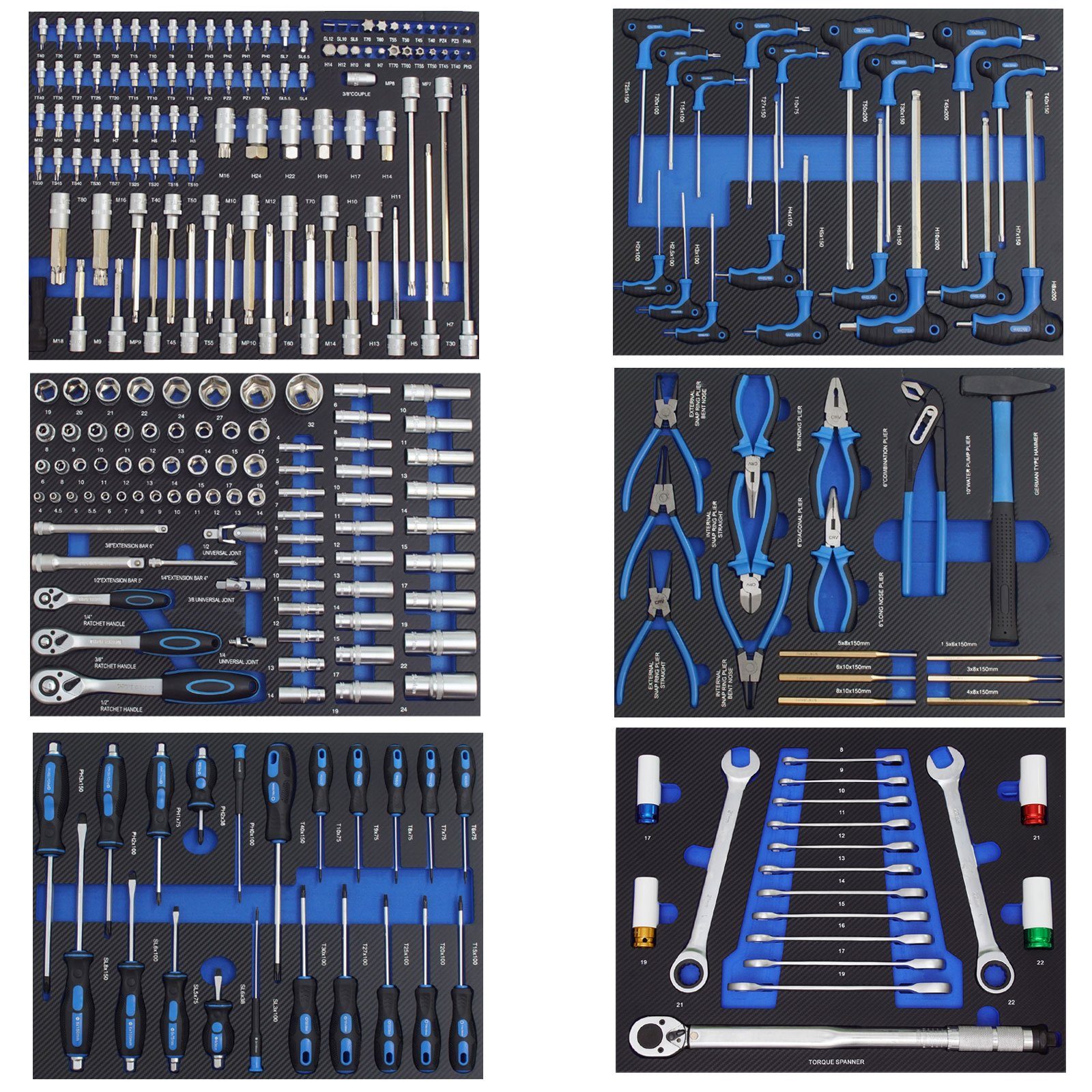 Werkzeugset 6 x Werkstattwageneinlagen 520 x 400 mm bestückt mit 254 Teilen Chrom-