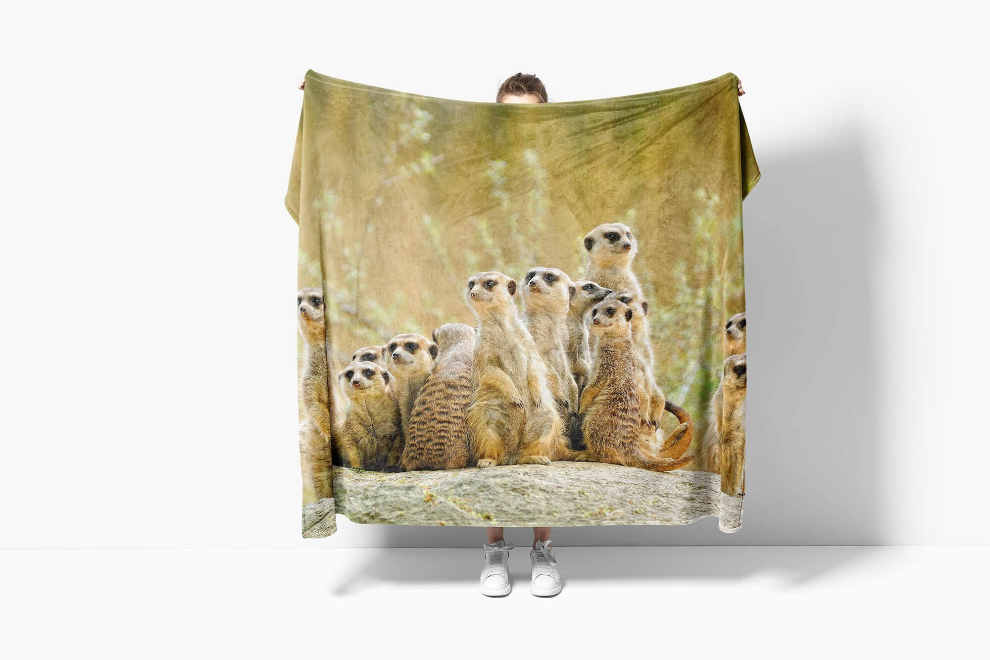 Handtücher Handtuch Strandhandtuch Saunatuch Kuscheldecke mit Tiermotiv Erdmännchen Famili, Baumwolle-Polyester-Mix (1-St), Handtuch
