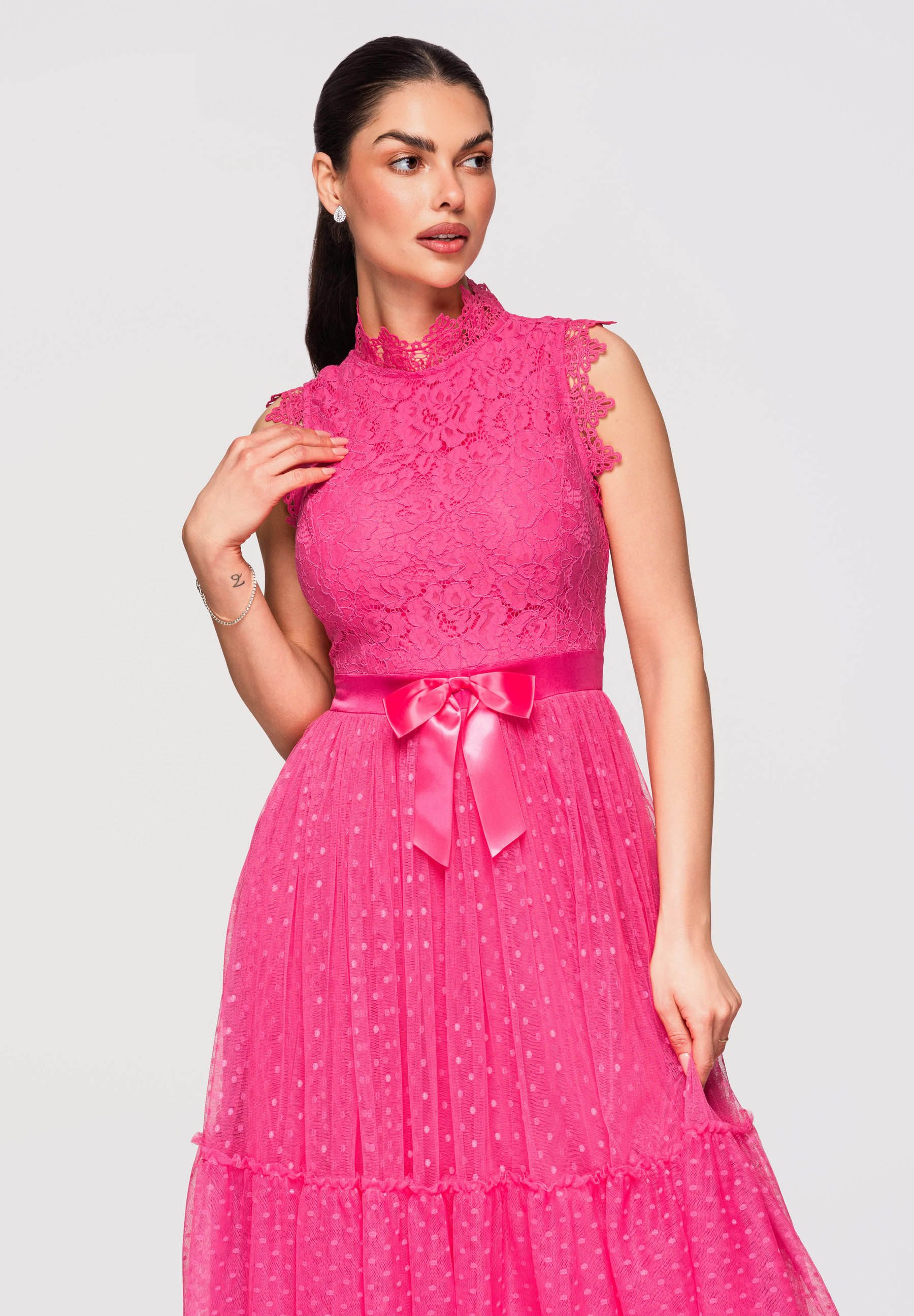 OMBRE Abendkleid Damen Midikleid Spitze A-Linie Cocktailkleid Fuschia M (kein Set, 1-tlg) Koronkowa góra, dół z siatki – Bild 2 von 5