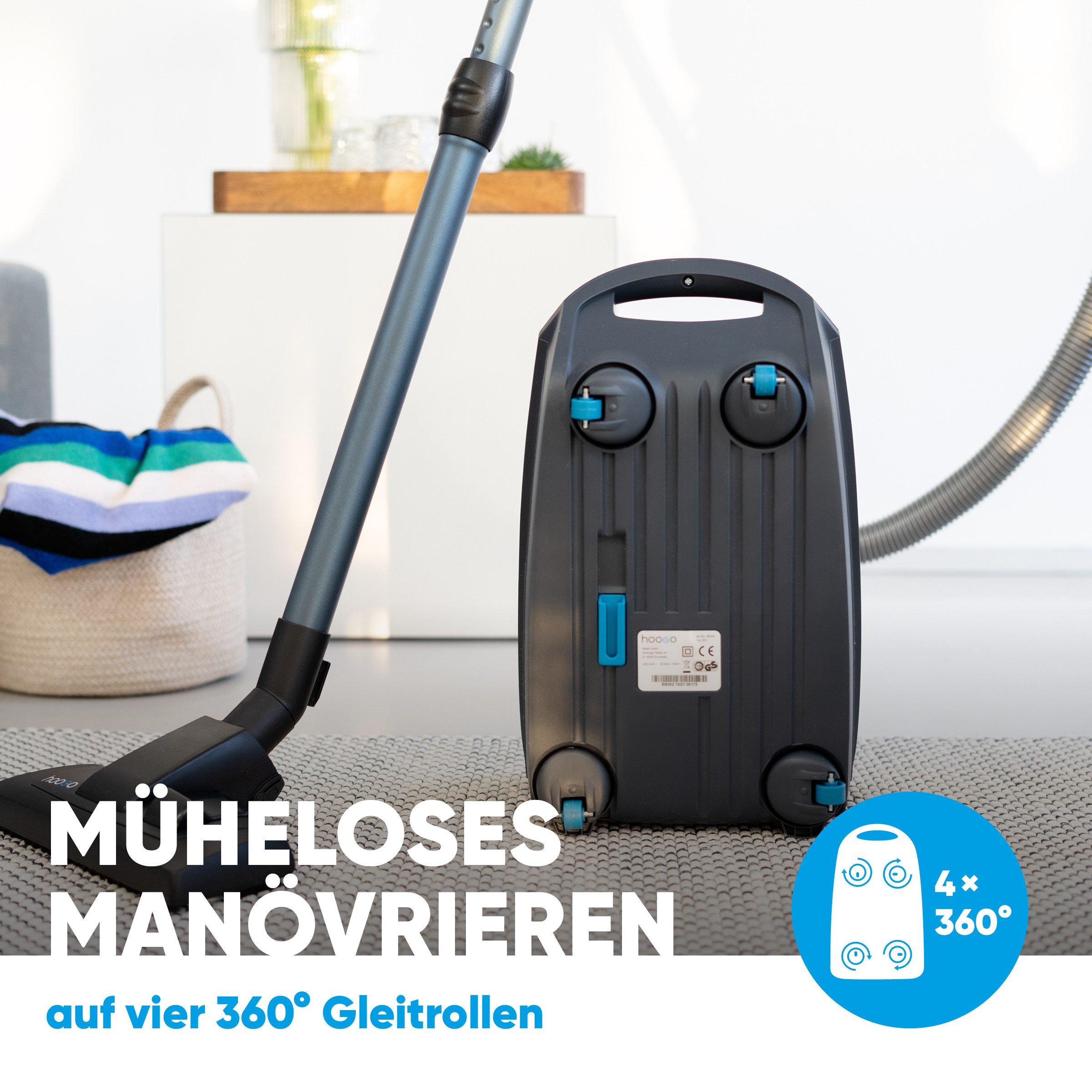 hoogo Bodenstaubsauger B3+ anthrazit, 850 W, mit Beutel, extra leise, Reichweite 11m, für Allergiker (HEPA 14)