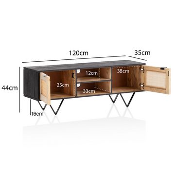 Wohnling Lowboard WL6.795 (Mango Massivholz / Rattan 120x44x35 cm, zwei Türen), TV-Schrank mit Stauraum, Fernsehkommode Modern