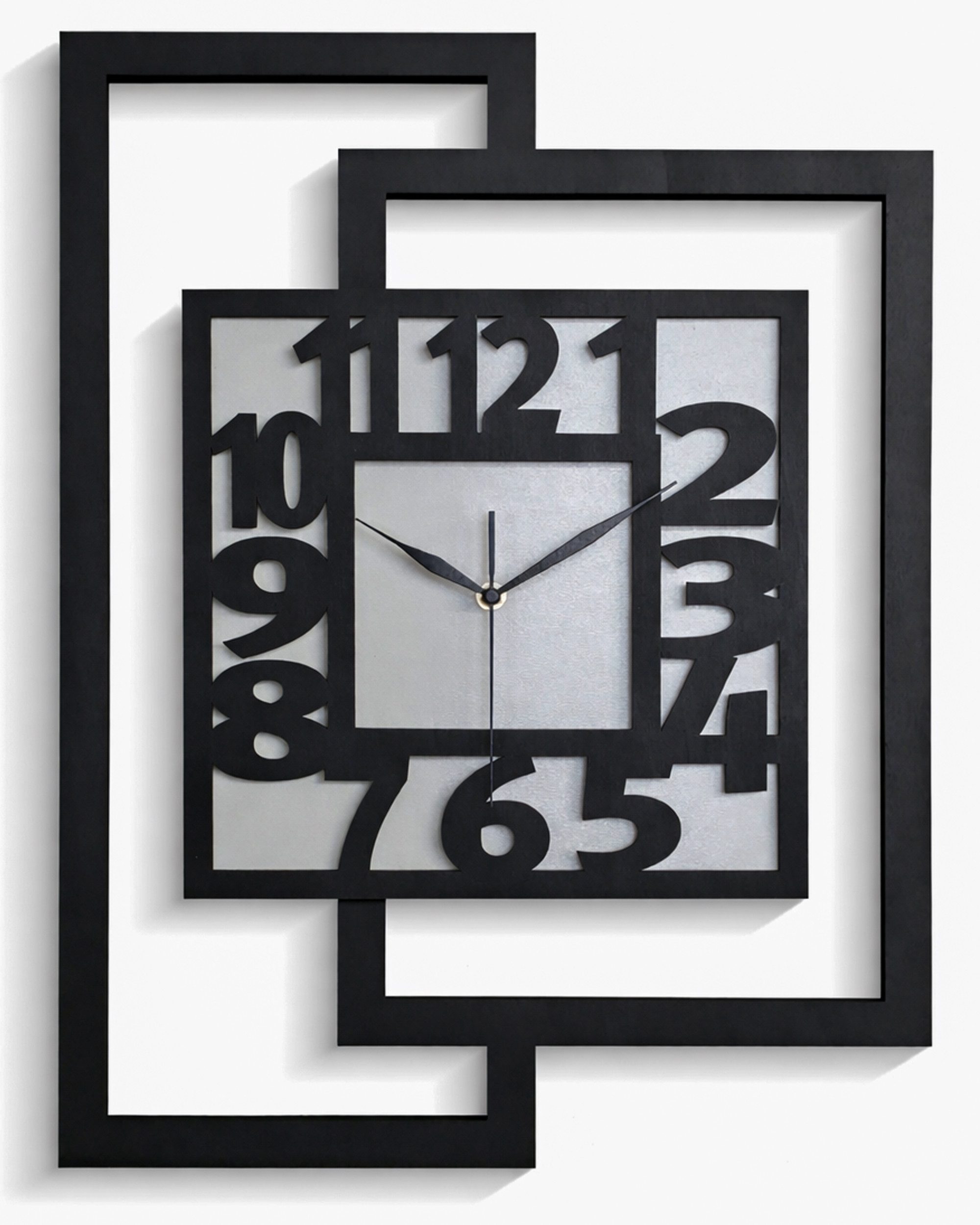 ORNAMENTI Wanduhr Große handgefertigte,moderne aus Holz, Hingucker,44 x 56 cm (Rechteckig vertikal, ohne Tickgeräusche für Wohnzimmer lesbare Ziffern)