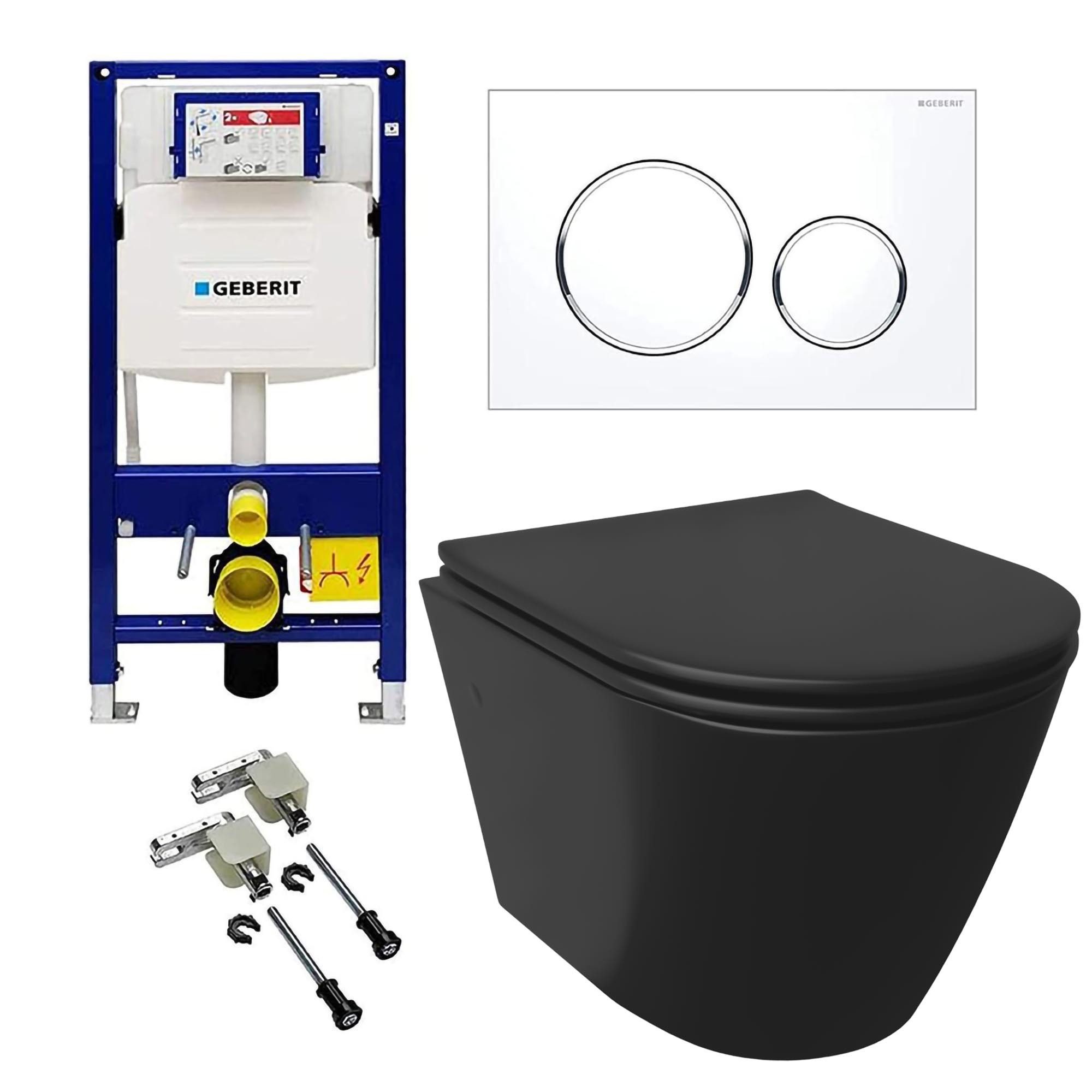 Alpenberger WC-Komplettset Spülrandloses WC – Toilette mit WC Deckel mit Absenkautomatik Schwarz, Wand Montage, (Unterputz Spülkasten WC Set Geberit Duofix Bausatz und Betätigungsplatte), Wand WC mit Geberit Spülkasten