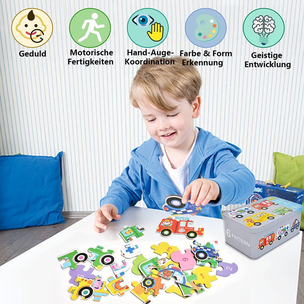 Puzzles Puzzleteile Lernspielzeug, Set, Form Bunt(Fahrzeug) Kinder Holzpuzzle Konturenpuzzle Juoungle Frühes Lernen