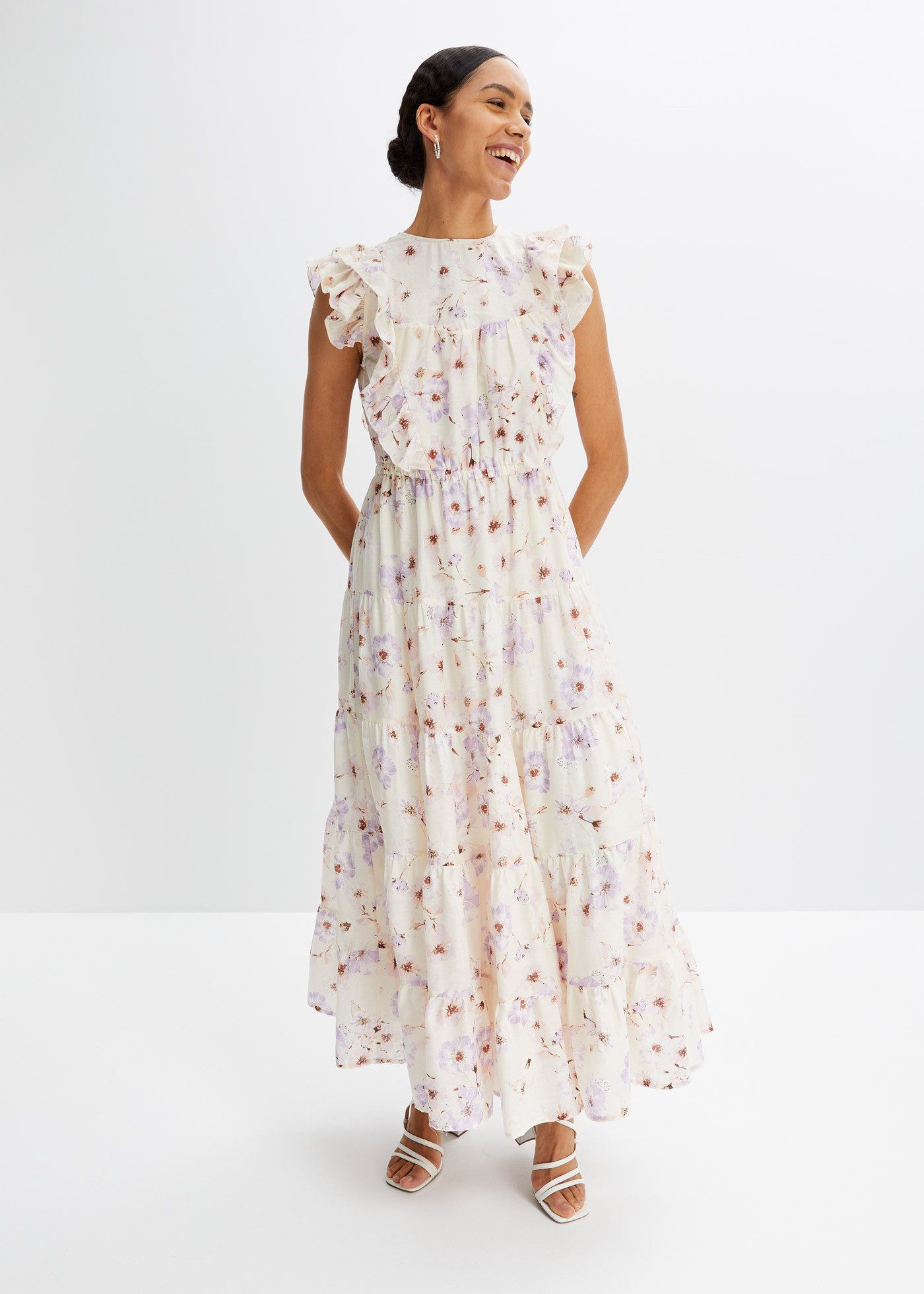 bonprix Maxikleid aus reiner Baumwolle, ausgestellte Passform, ärmellos, mit Volants