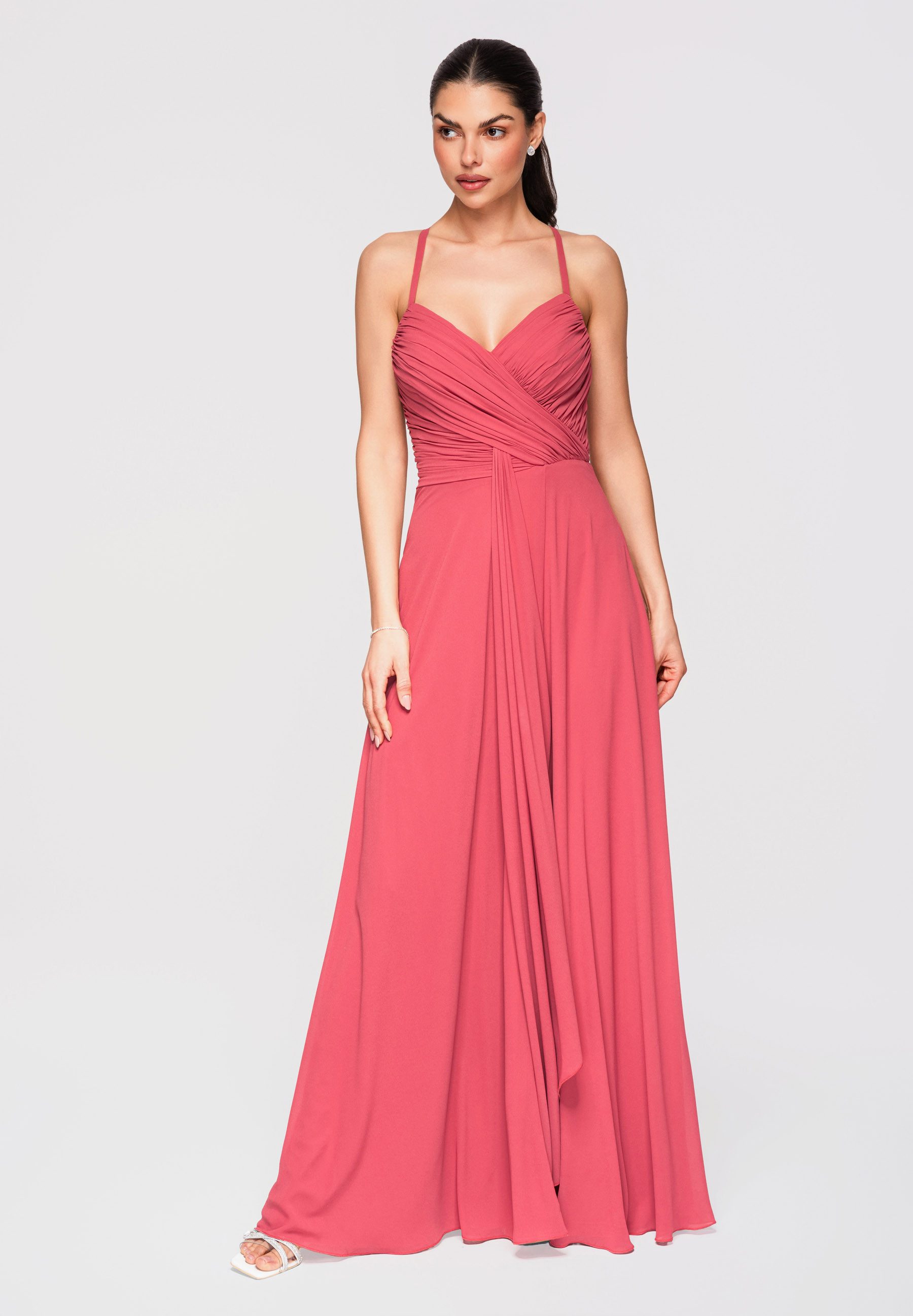 OMBRE Abendkleid Damen Maxikleid Chiffon Abendkleid Elegant Koralle S (kein Set, 1-tlg) Raffungen, Rückenausschnitt mit Schnürung