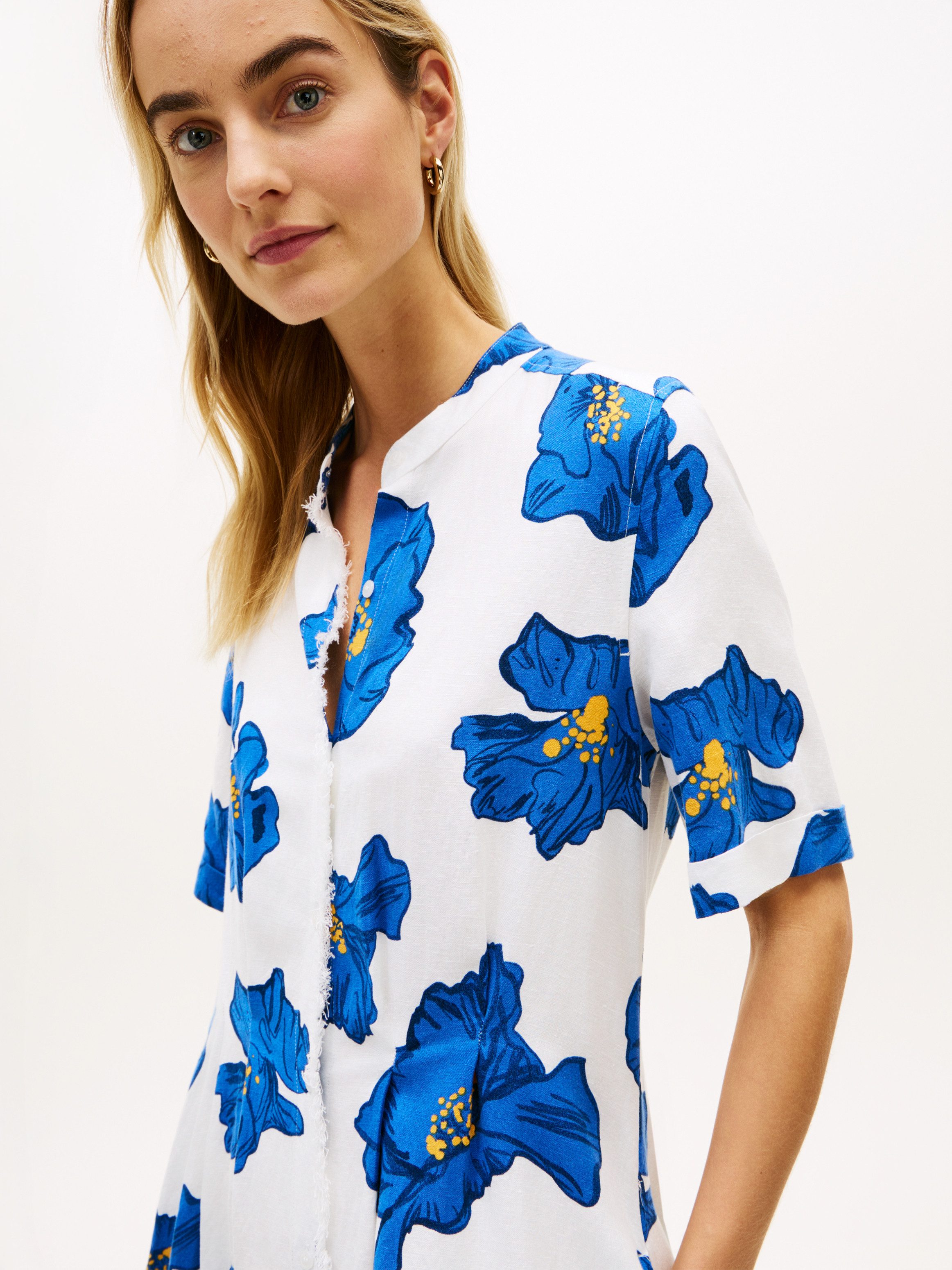 Tommy Hilfiger Midikleid FRAYED VIS/LINEN SHORT SLEEVE SHIRT DRESS Leinen-Mix, mit seitlichen Eingrifftaschen